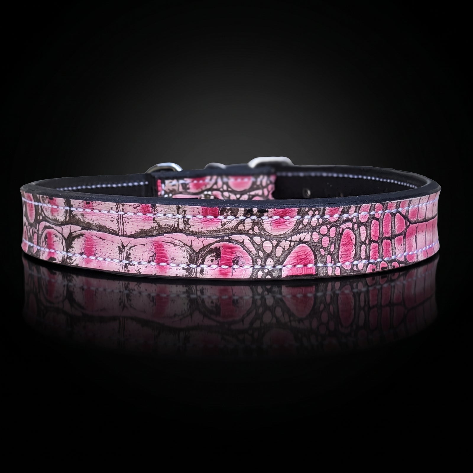A pink and black reptile-patterned dog collar with silver metal hardware, displayed on a reflective black surface against a dark background.