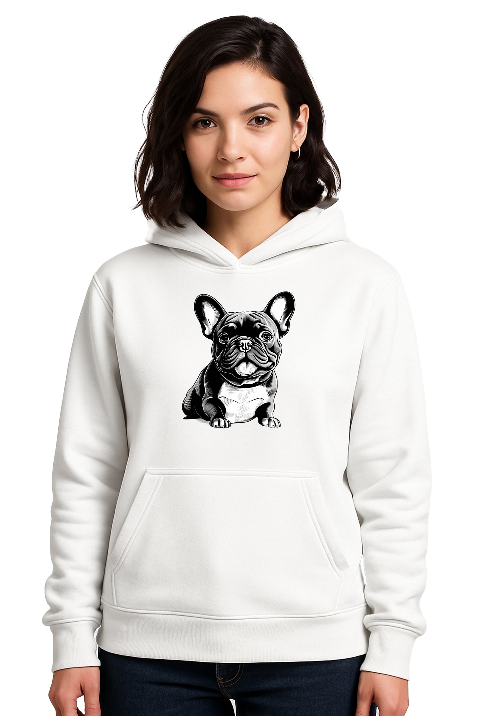 Sudadera con capucha y motivo de bulldog francés en blanco y negro