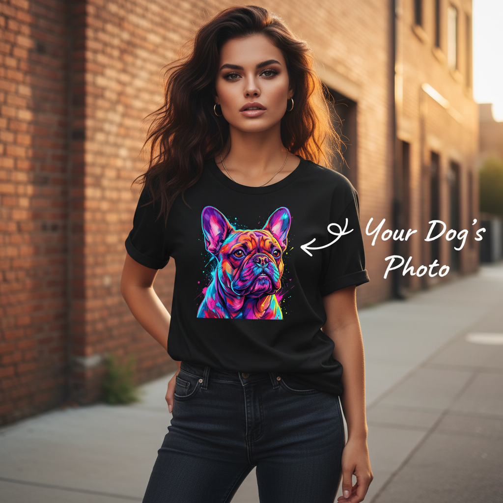 Custom Neon Pop Art Dog Portrait T-Shirt — Personalized Pet Photo Tee