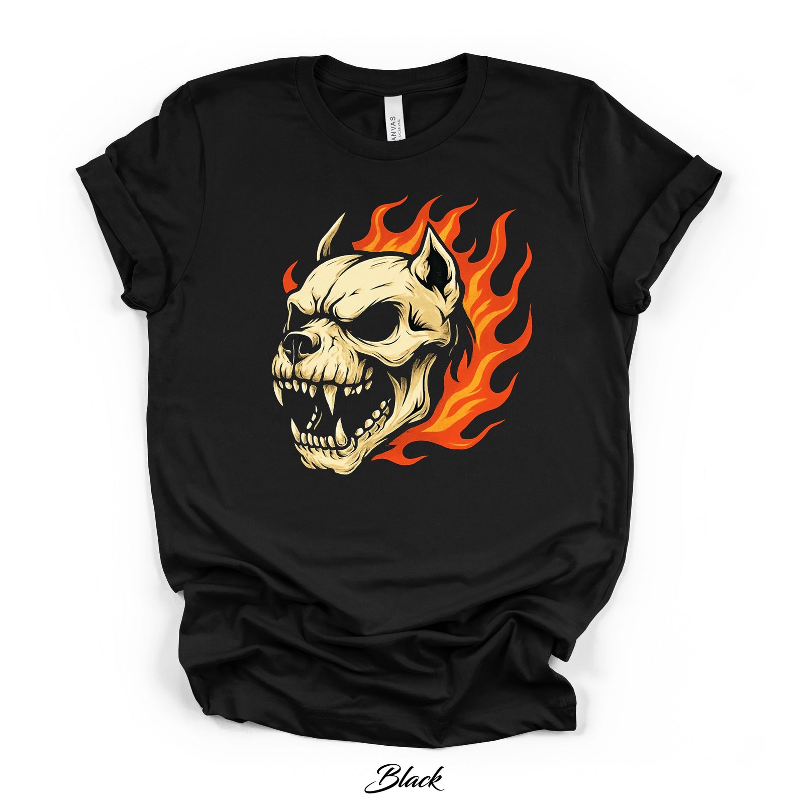 Fiery Dog Skull Graphic Tee | Black | Direct-to-Garment Print | Bella Canvas 3001