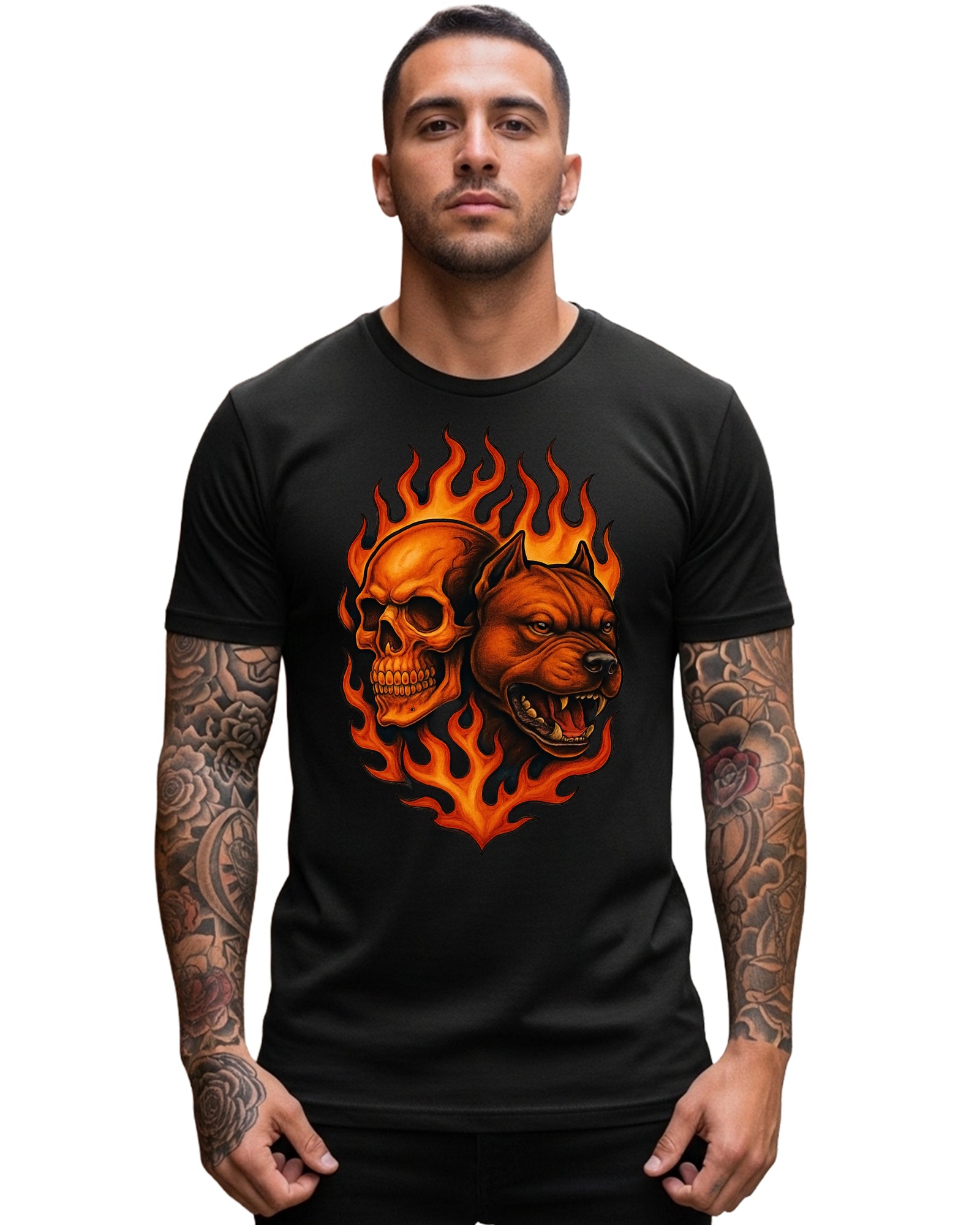 Flaming Pit Bull Skull Graphic Tee | Black | Direct-to-Garment Print | Bella Canvas 3001