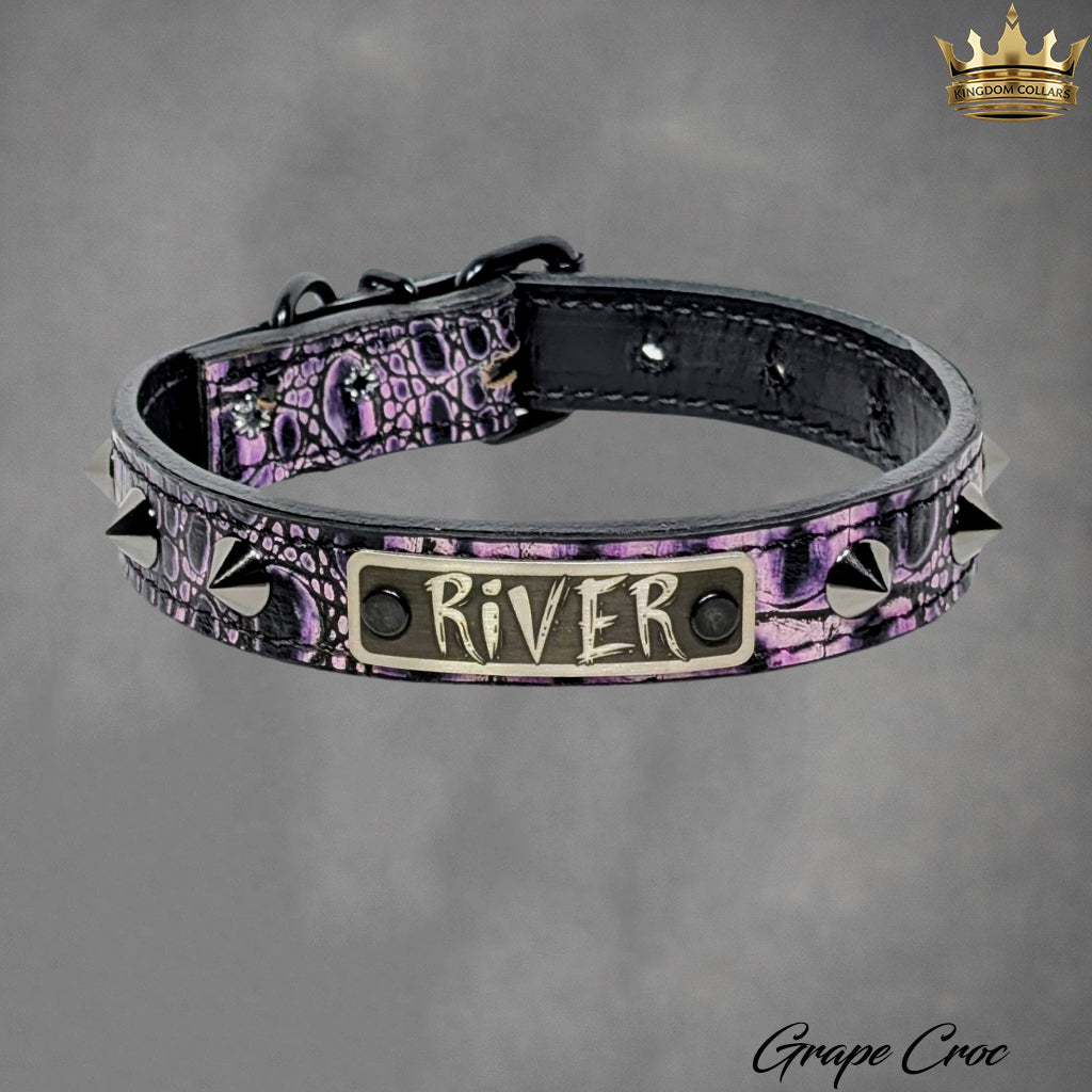 Purple and black crocodile-patterned dog collar with 'River' tag on a gray background