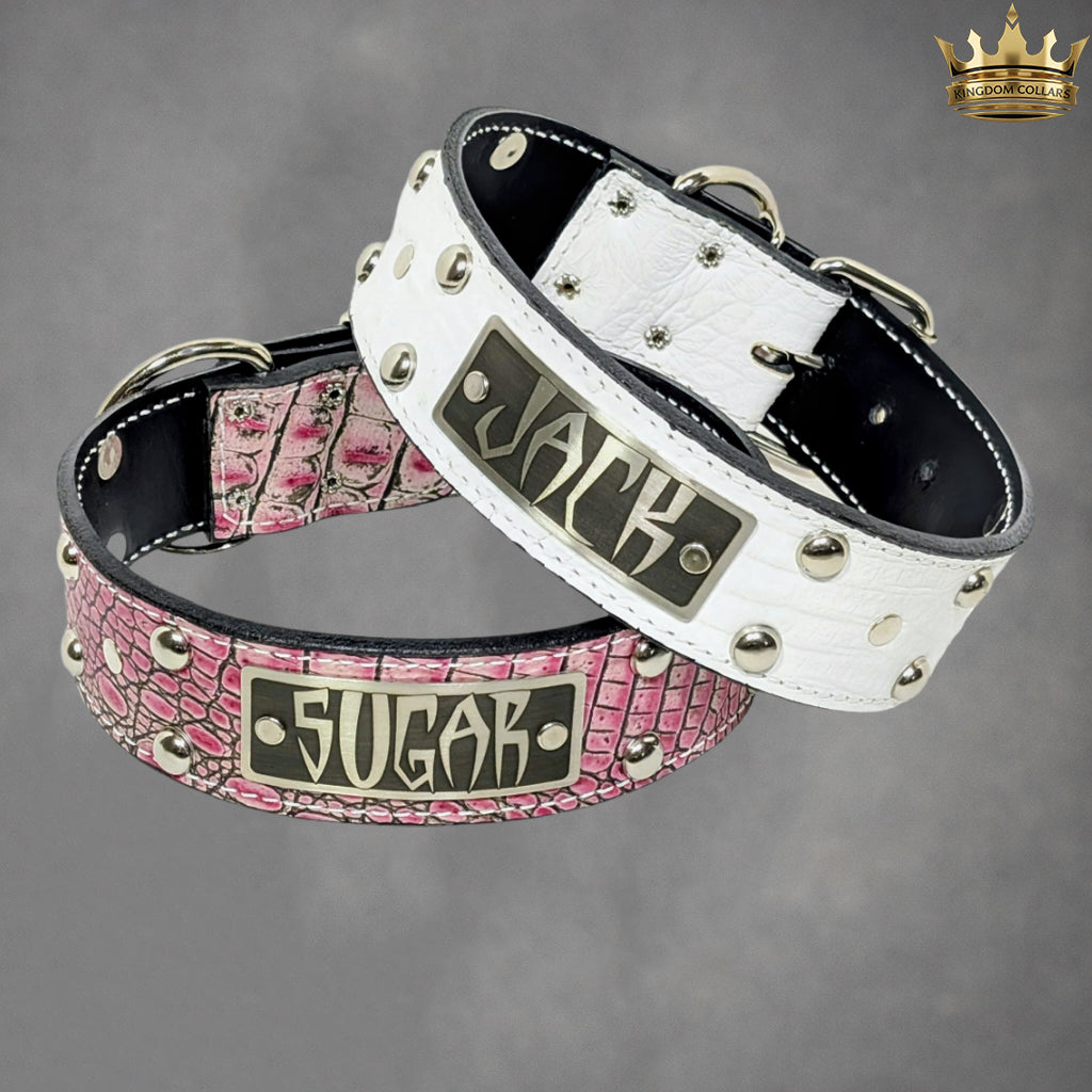 Two dog collars, one pink with floral pattern and one white, on a gray background.