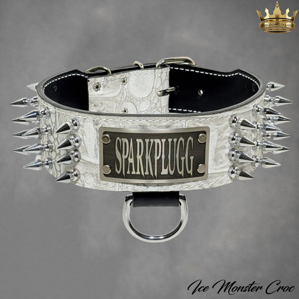 NJ10 - Collar para perro de cuero con pinchos de 2,5" de ancho y placa con nombre