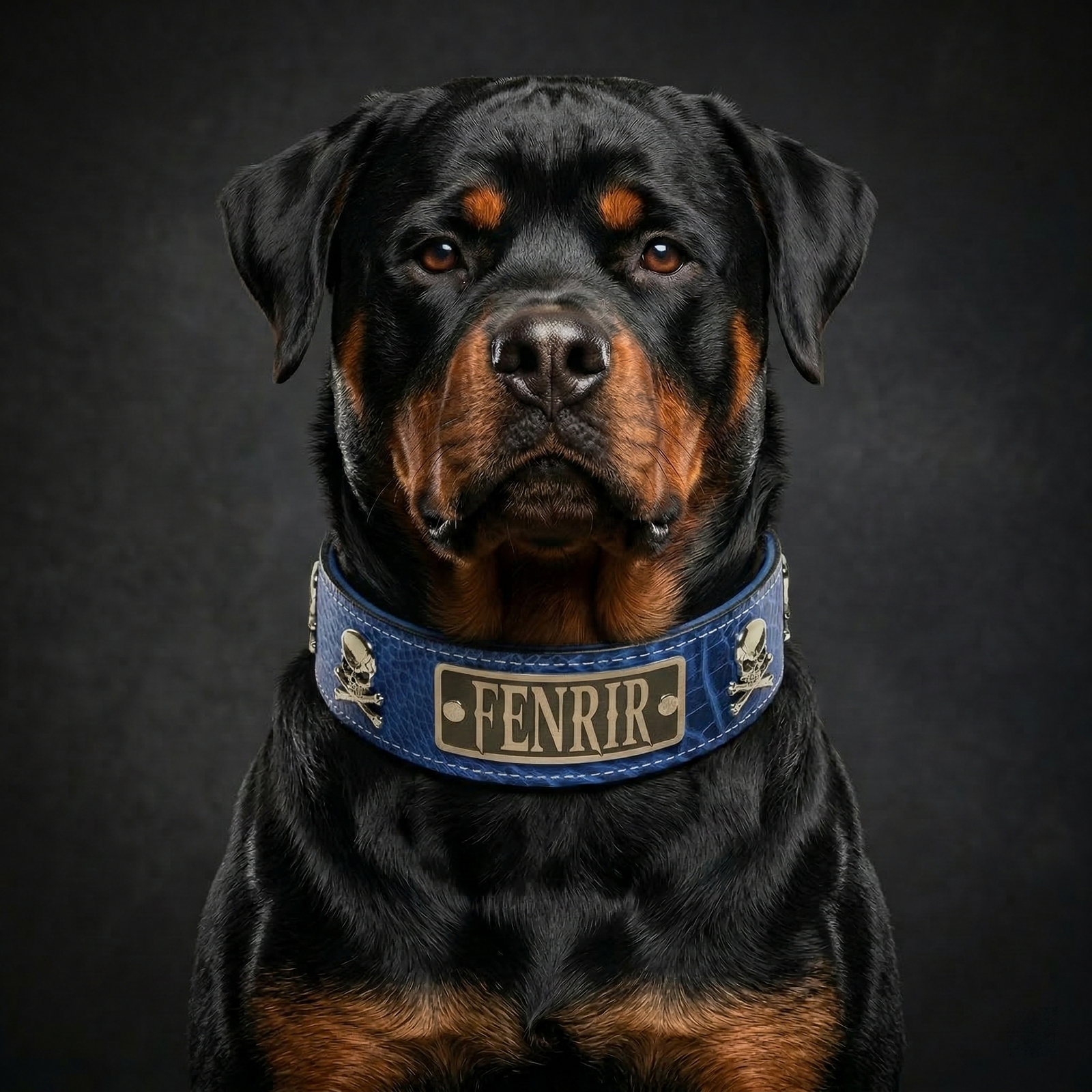 WN6 - Coleira para cachorro de couro com placa de nome personalizada de 2" com caveiras e ossos cruzados
