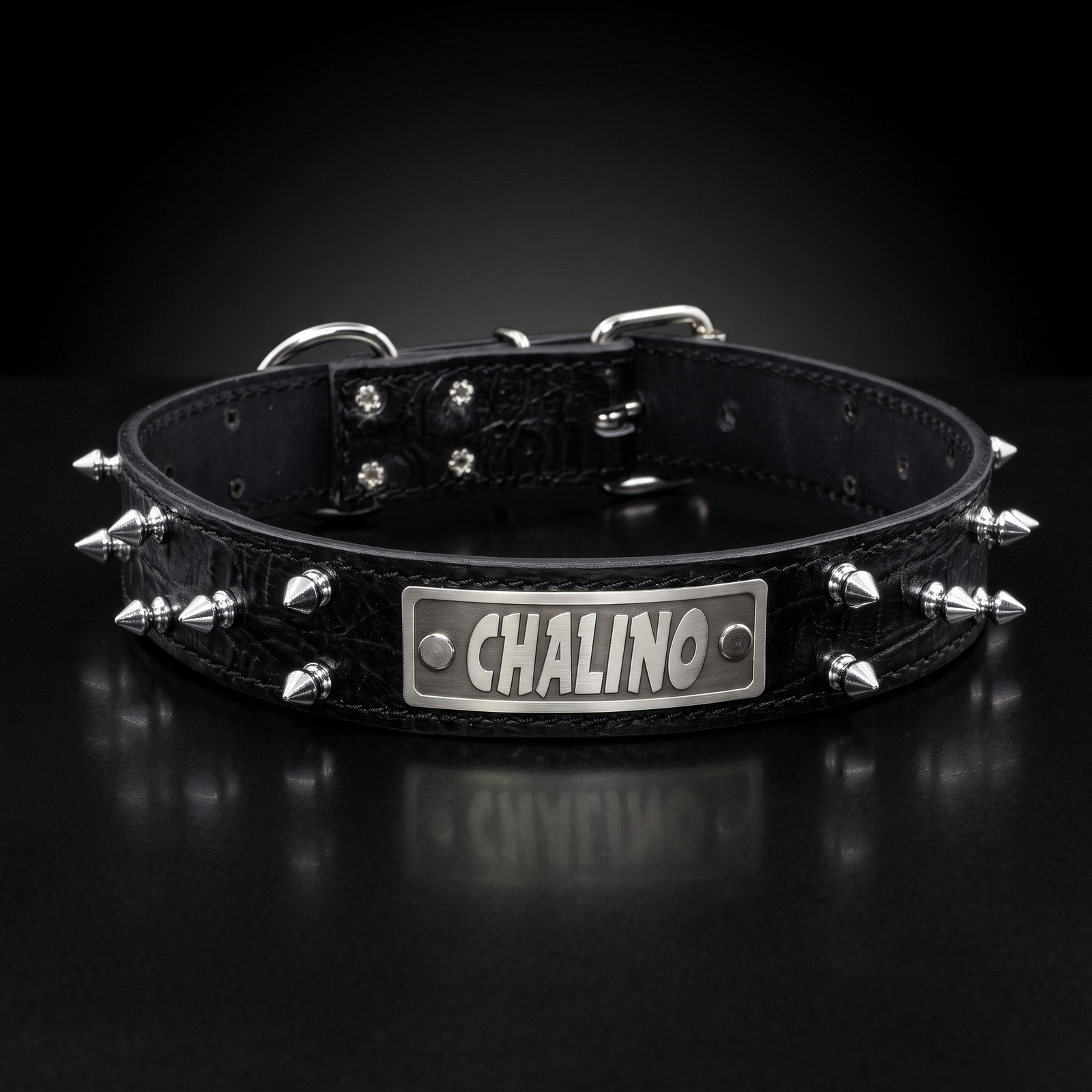 1.5-inch wide personalized spiked black Italian leather dog collar with nameplate by Kingdom Collars