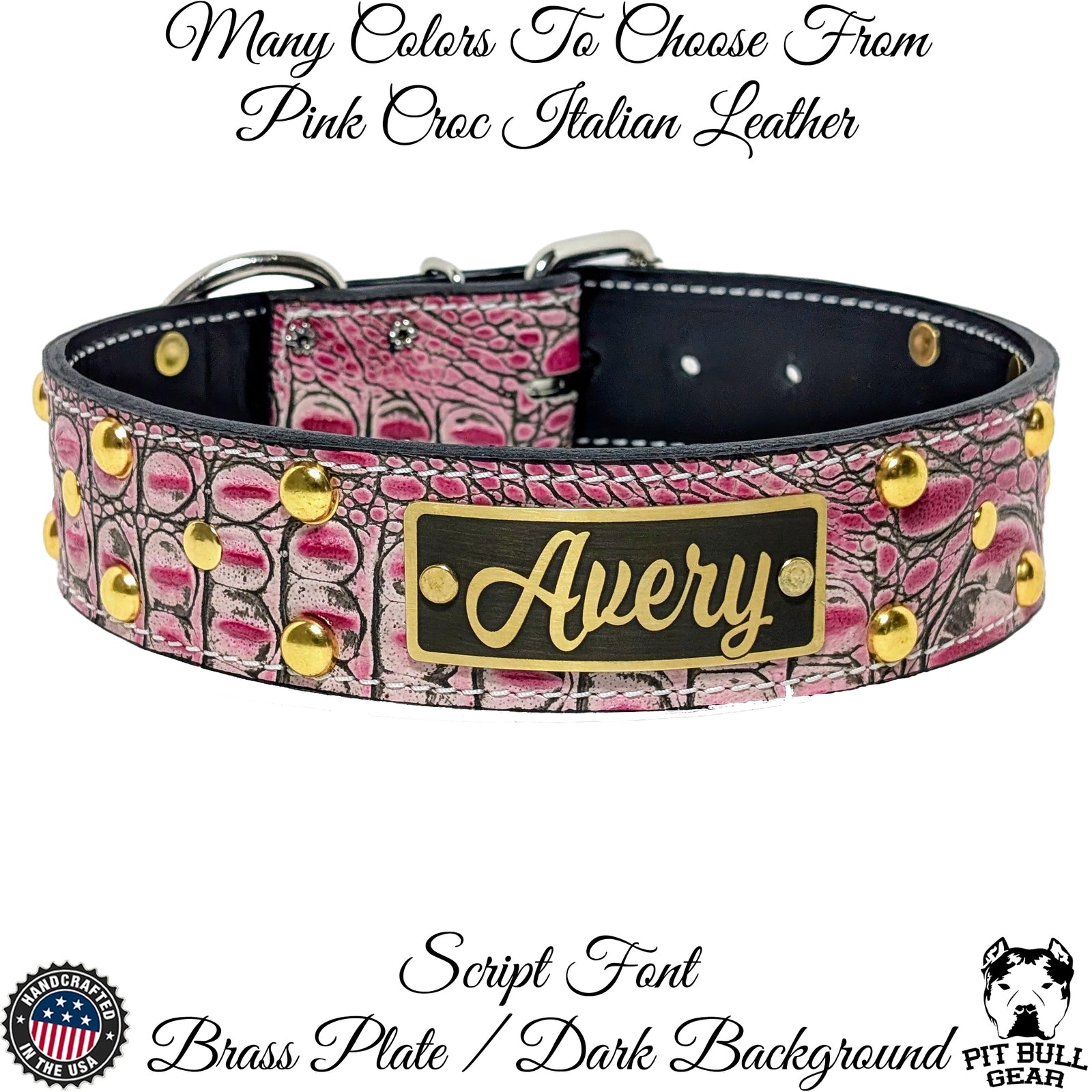N12 - Coleira de cachorro de couro cravejada com placa de nome personalizada de 2"