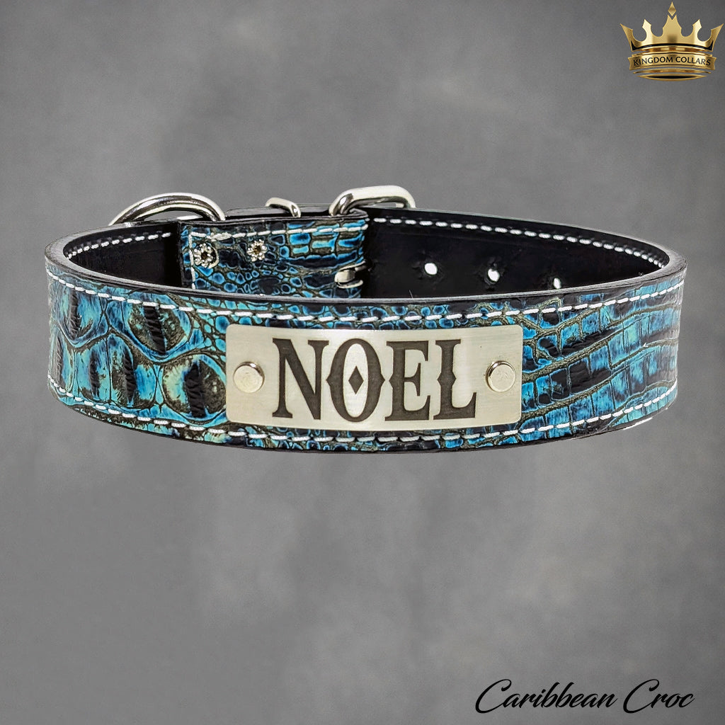 1.5-inch wide caribbean blue Italian leather dog collar with engraved nameplate by Kingdom Collars