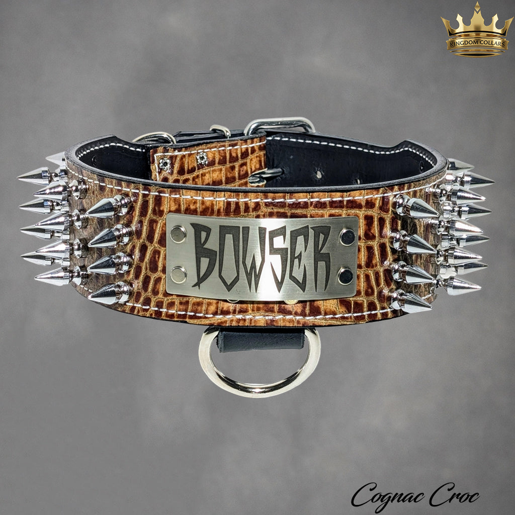 NJ10 - Collar para perro de cuero con pinchos de 2,5" de ancho y placa con nombre