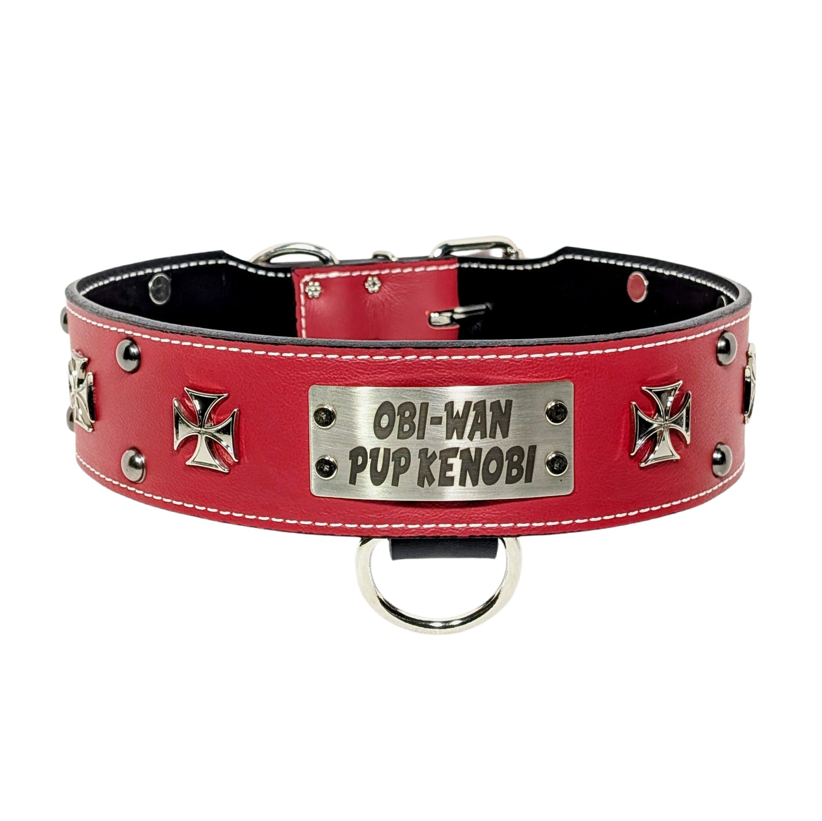 NJ7 - Collar de cuero personalizado para perro de 2,5" con cruces de Malta y tachuelas de hierro