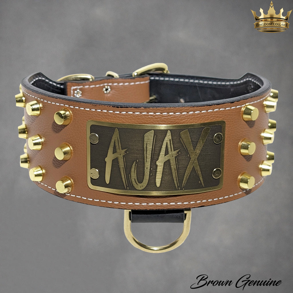 XN1 - Collar de cuero para perro de 3" de ancho con placa de identificación personalizada y tachuelas