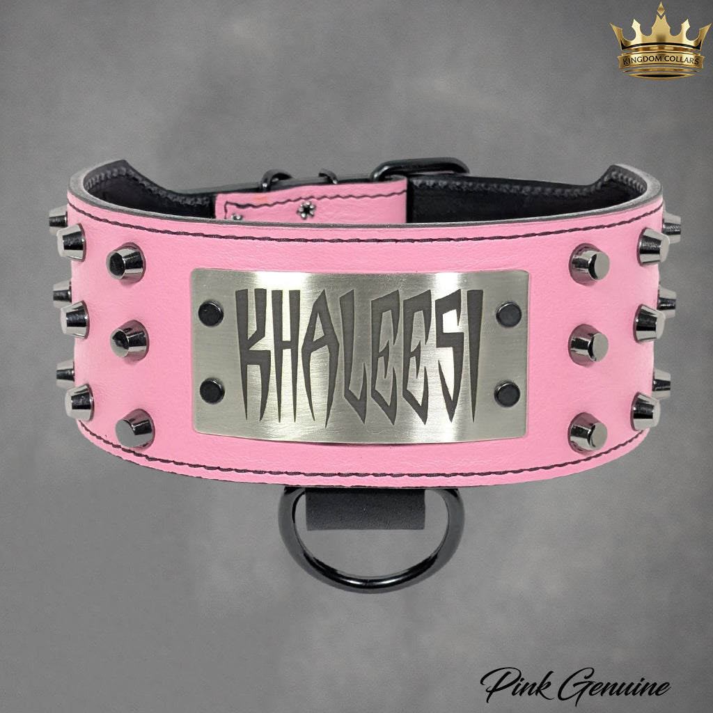 XN1 - Collar de cuero para perro de 3" de ancho con placa de identificación personalizada y tachuelas