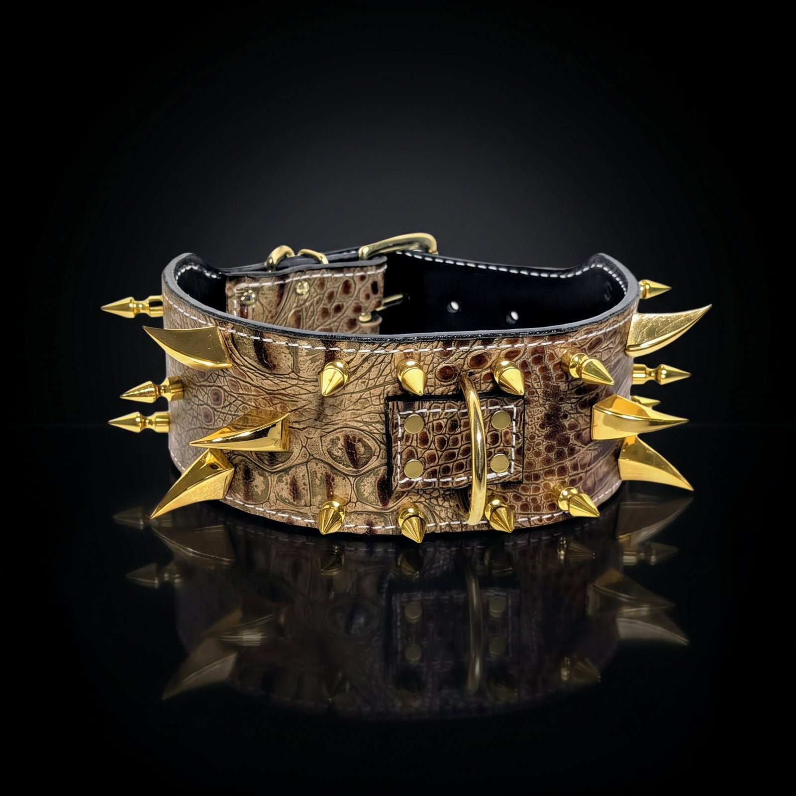 A wide brown alligator-patterned leather collar with sharp gold-tone spikes and a central gold buckle, displayed on a reflective black surface against a black background.