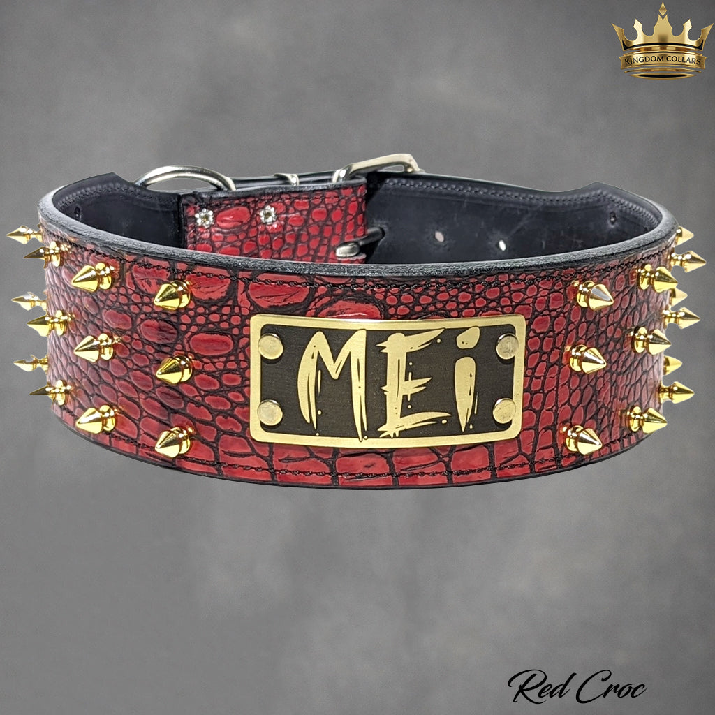 J8 - Coleira personalizada de couro pontiagudo de 2,5" com pedras preciosas