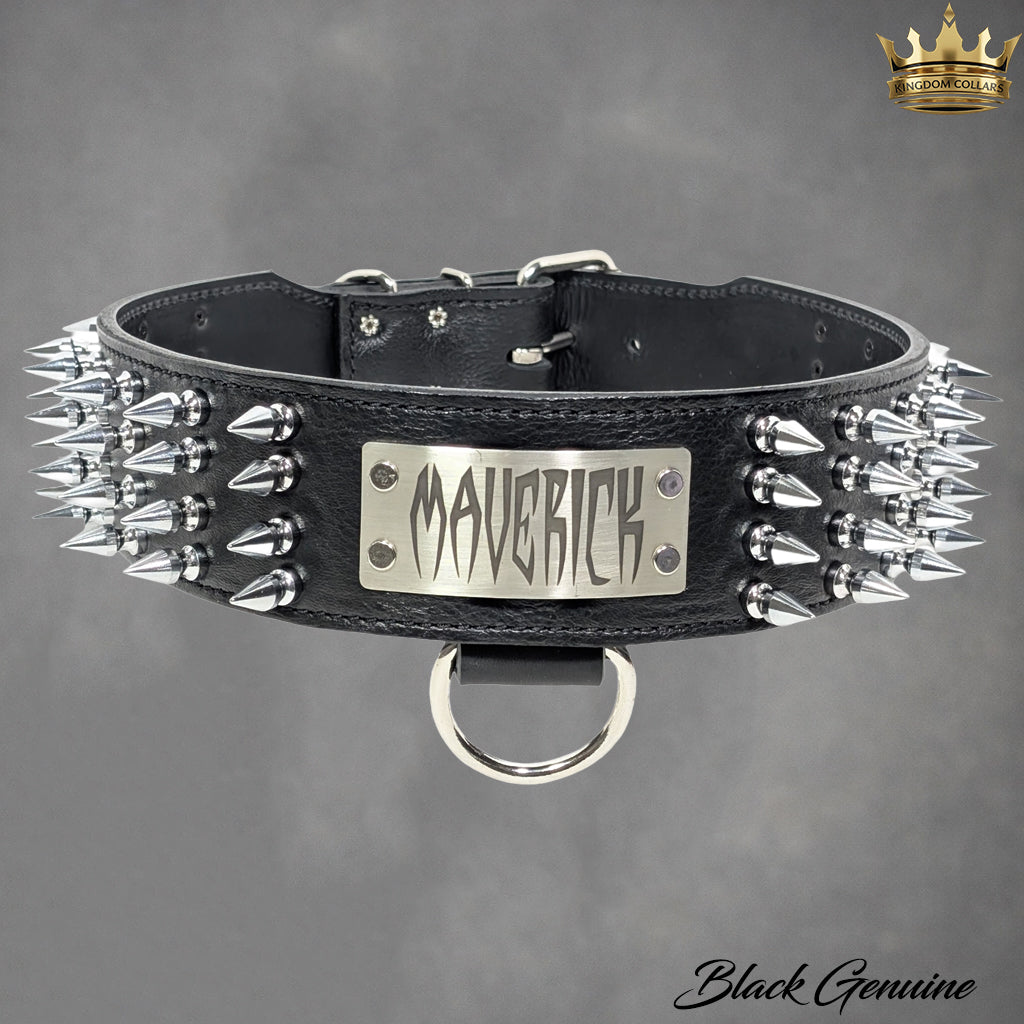 NJ10 - Collar para perro de cuero con pinchos de 2,5" de ancho y placa con nombre