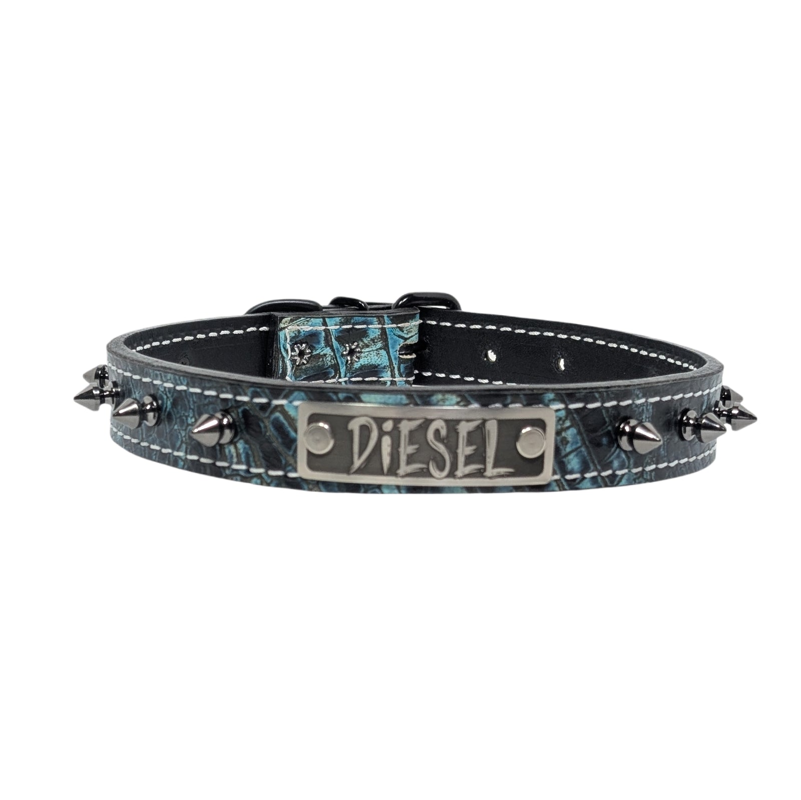 NU19 - Collar de cuero con pinchos para perros de 1" de ancho y placa con nombre