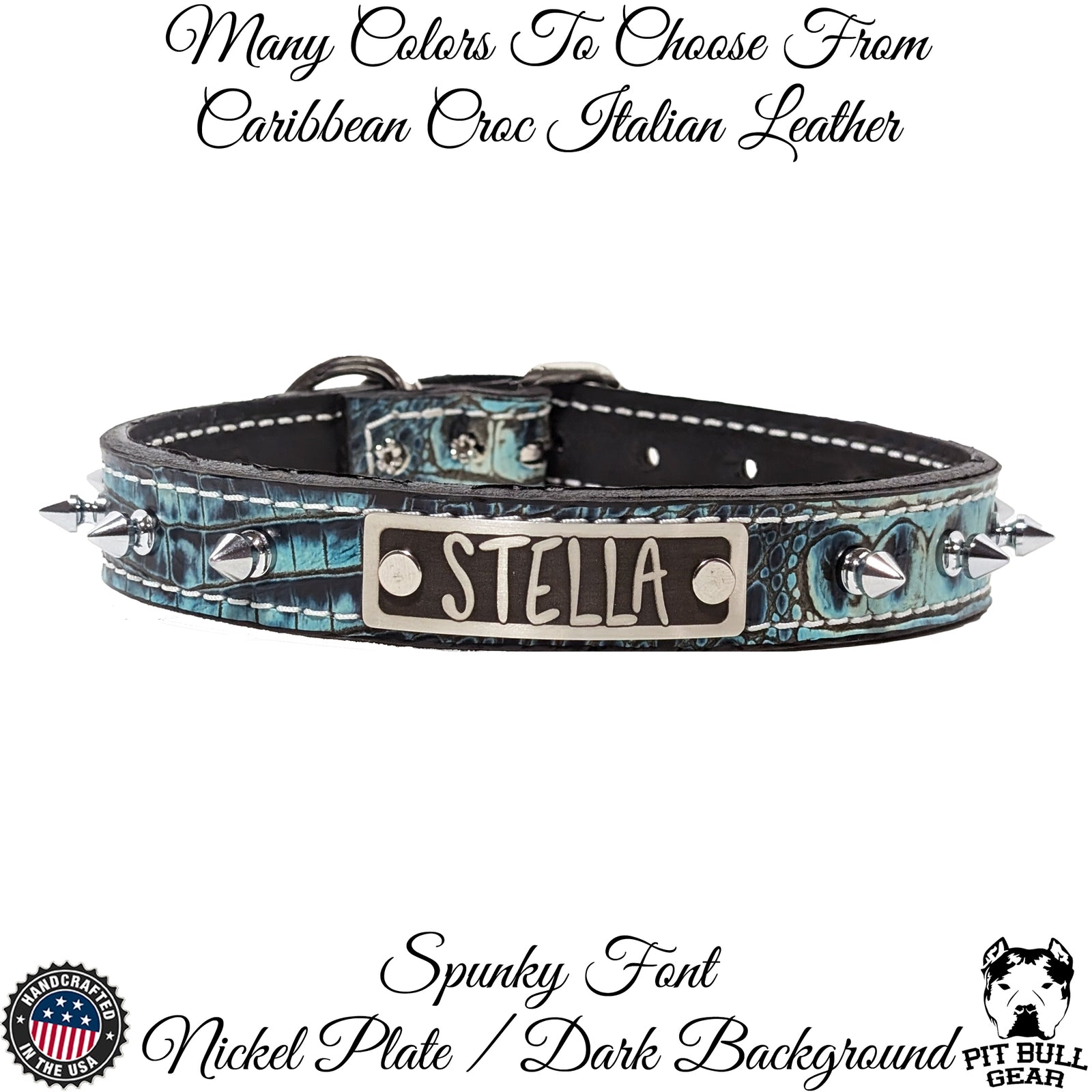 NU19 - Collar de cuero con pinchos para perros de 1" de ancho y placa con nombre
