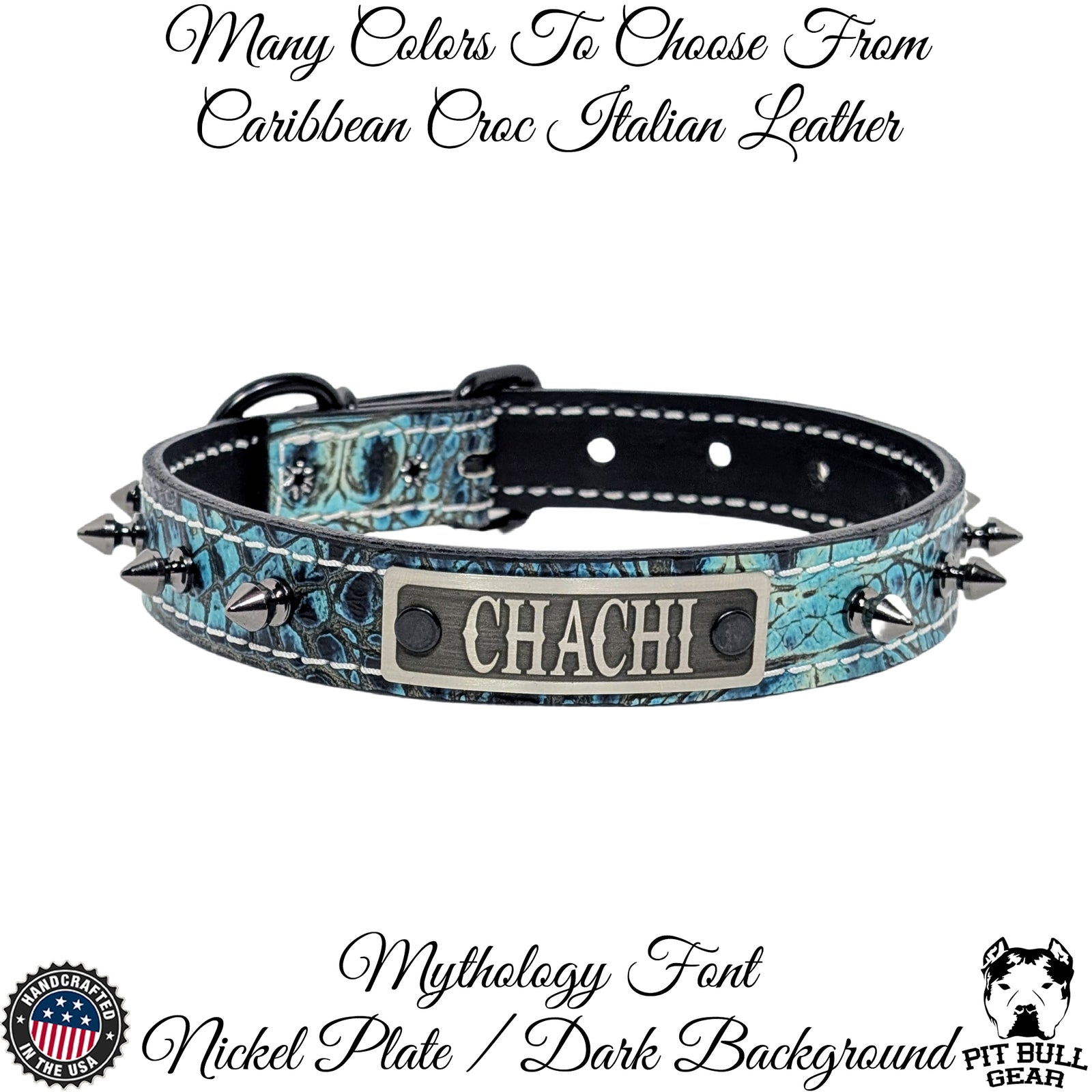 NU19 - Collar de cuero con pinchos para perros de 1" de ancho y placa con nombre