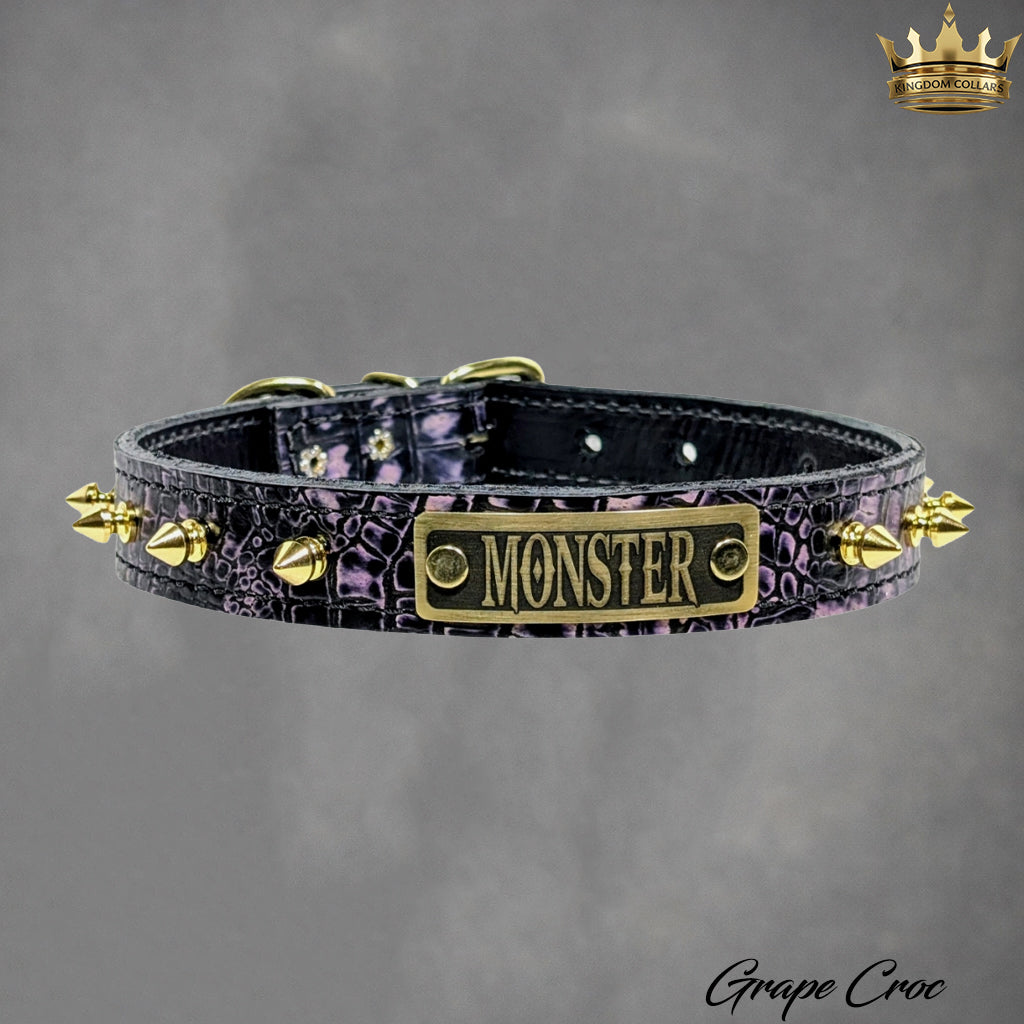 Dog collar with 'MONSTER' plate and gold spikes on a gray background