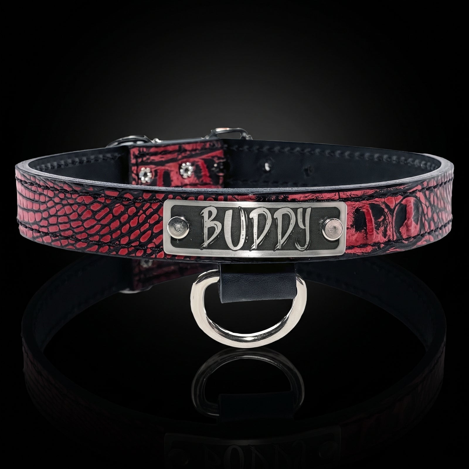 A red and black python-patterned leather dog collar with a silver metal nameplate engraved with 'BUDDY' and a silver D-ring, displayed on a reflective black background.