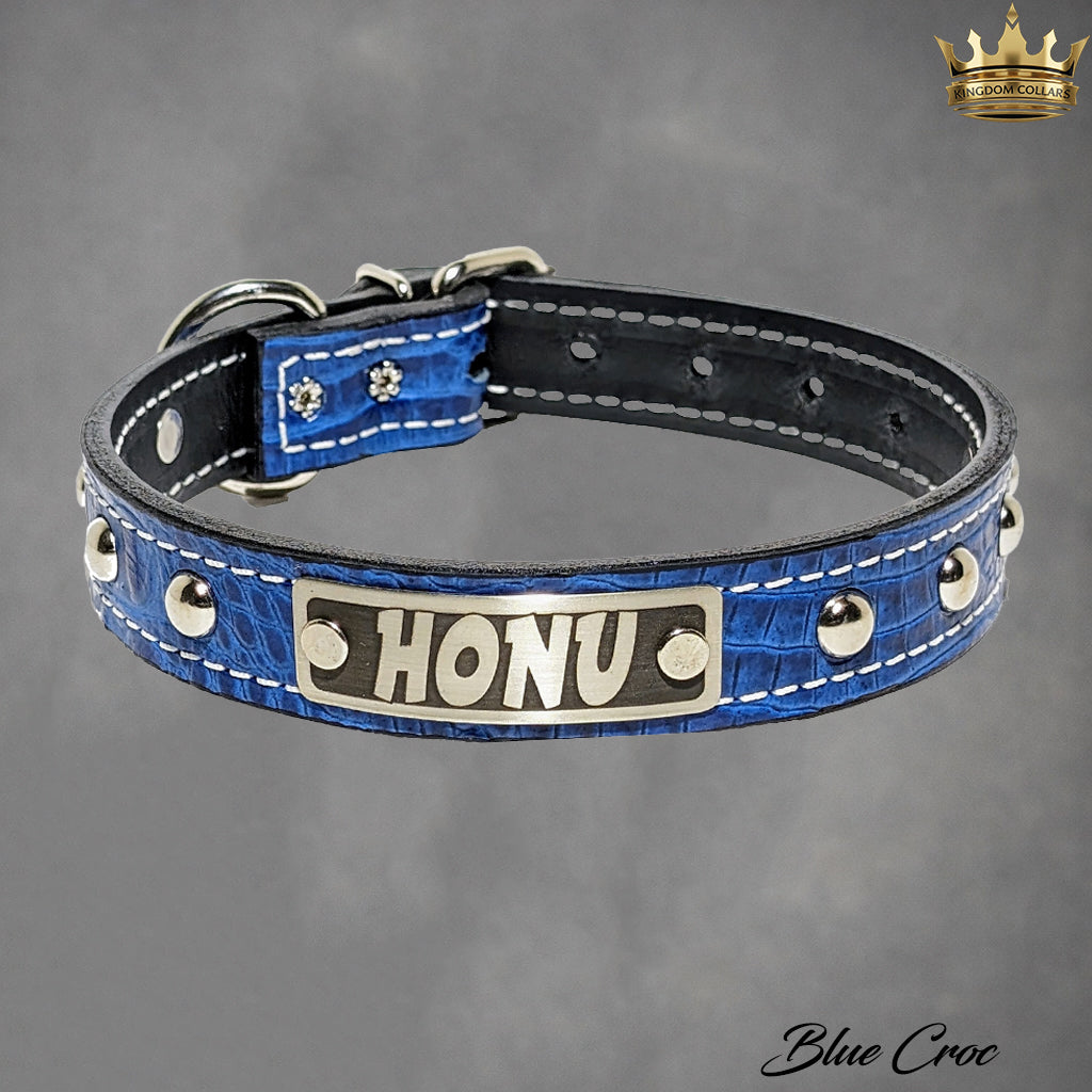 NU2 - Colar de couro cravejado com placa de identificação de 1"