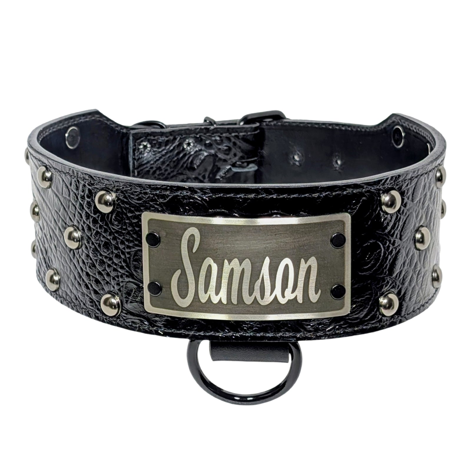 Black leather dog collar with 'Samson' nameplate on a white background