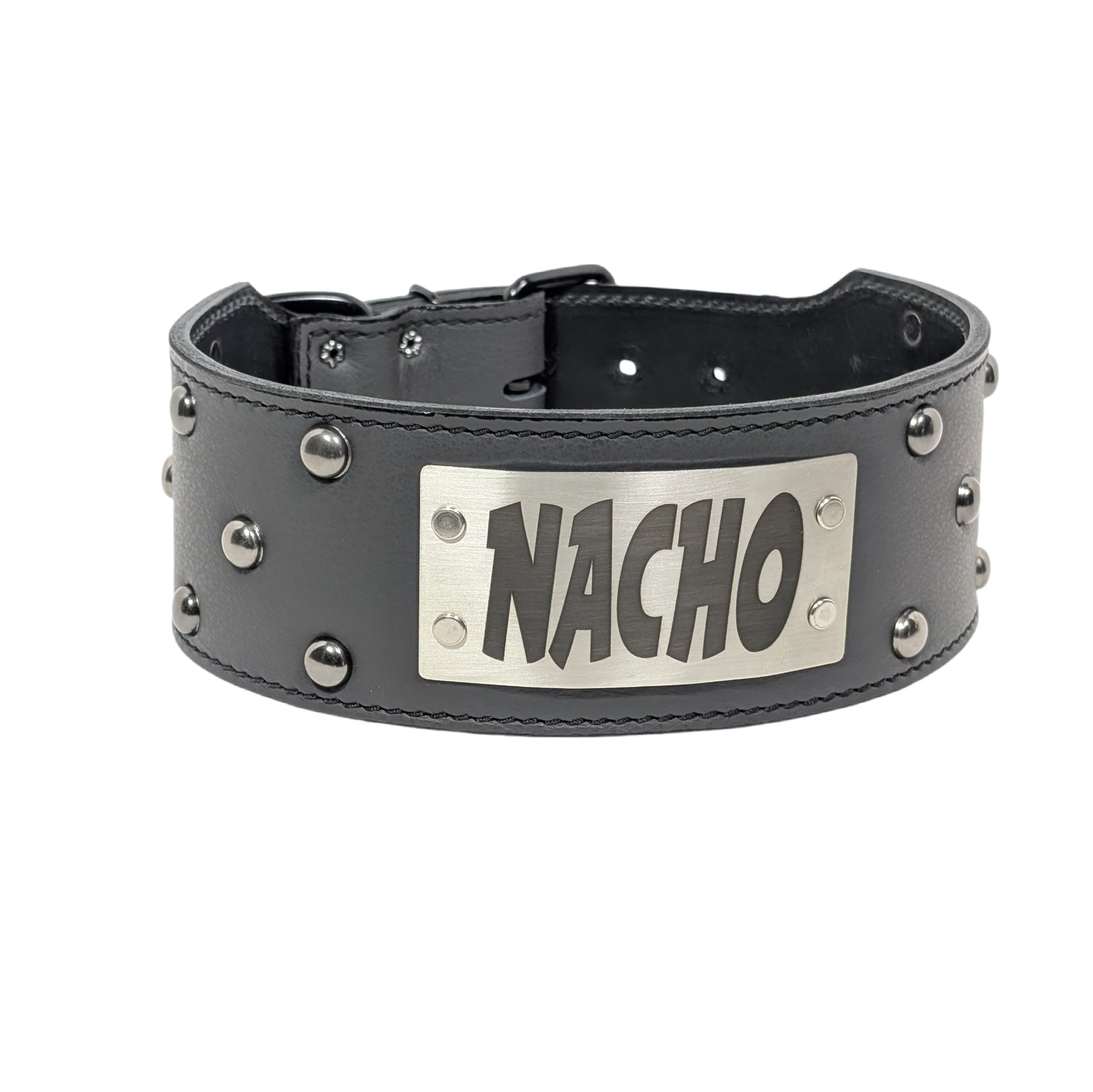 Black leather collar with 'Nacho' plate on a white background