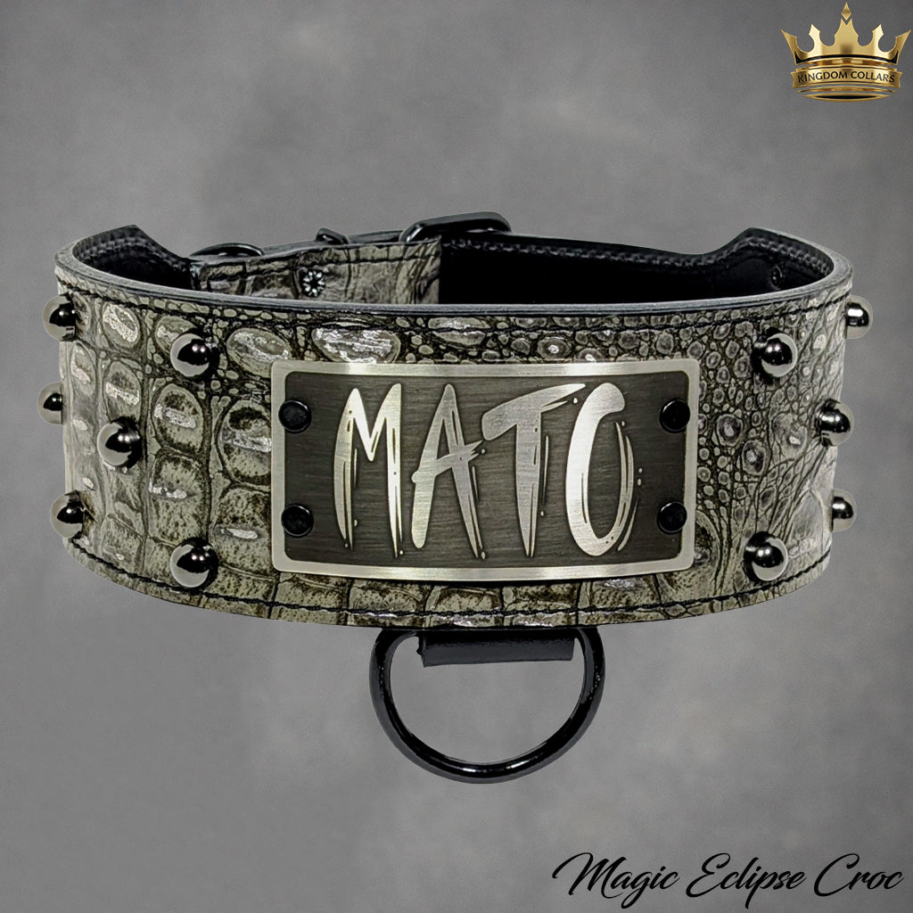 NX3 - Coleira de cachorro de couro cravejada com placa de identificação de 3"