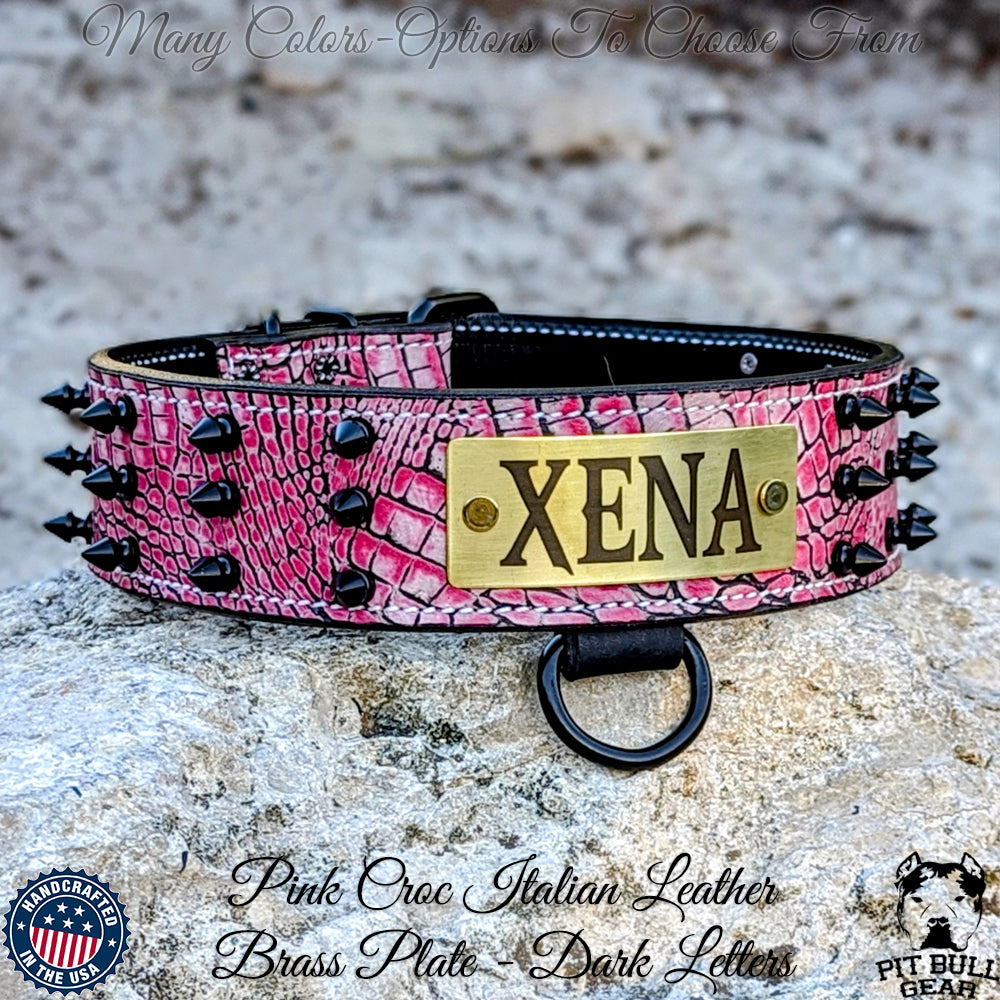 W52 - Collar para perro de cuero con pinchos de 2" de ancho con placa de identificación personalizada