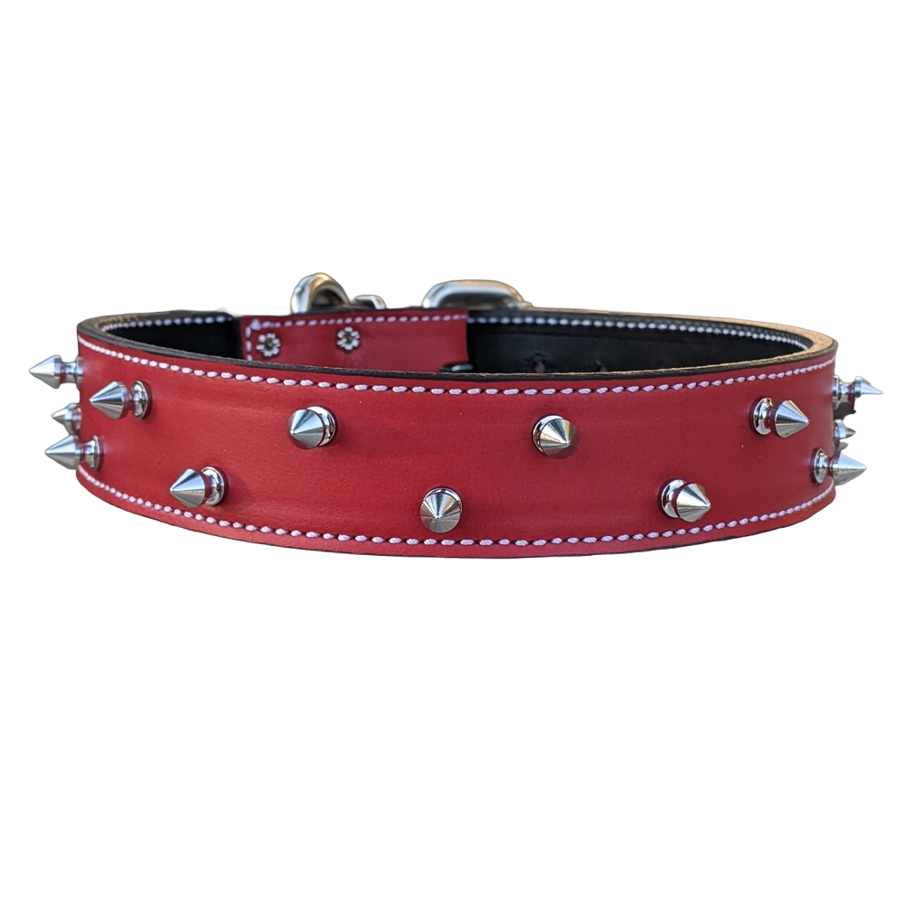 Red leather dog collar with silver spikes on a white background