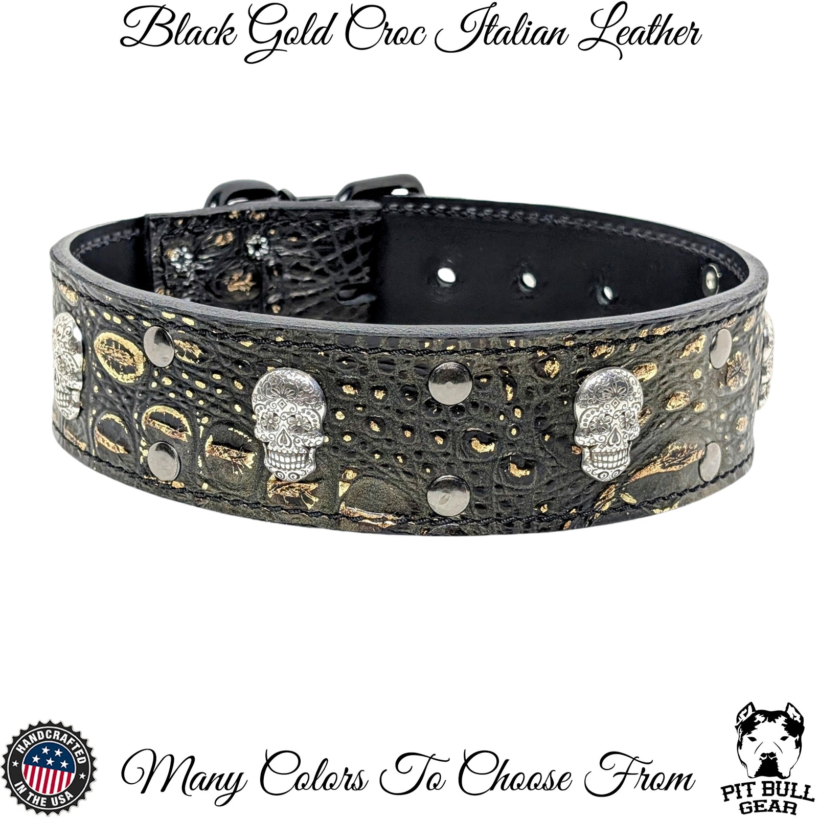 W21 - Collar de cuero para perro de 2" con calaveras de azúcar y remaches
