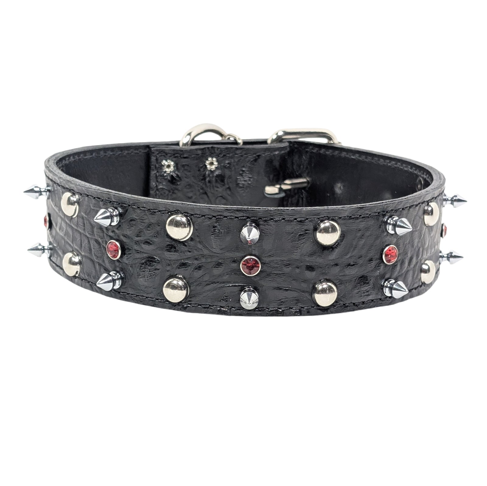 W8 - Collar de cuero con púas, tachuelas y gemas de 2"
