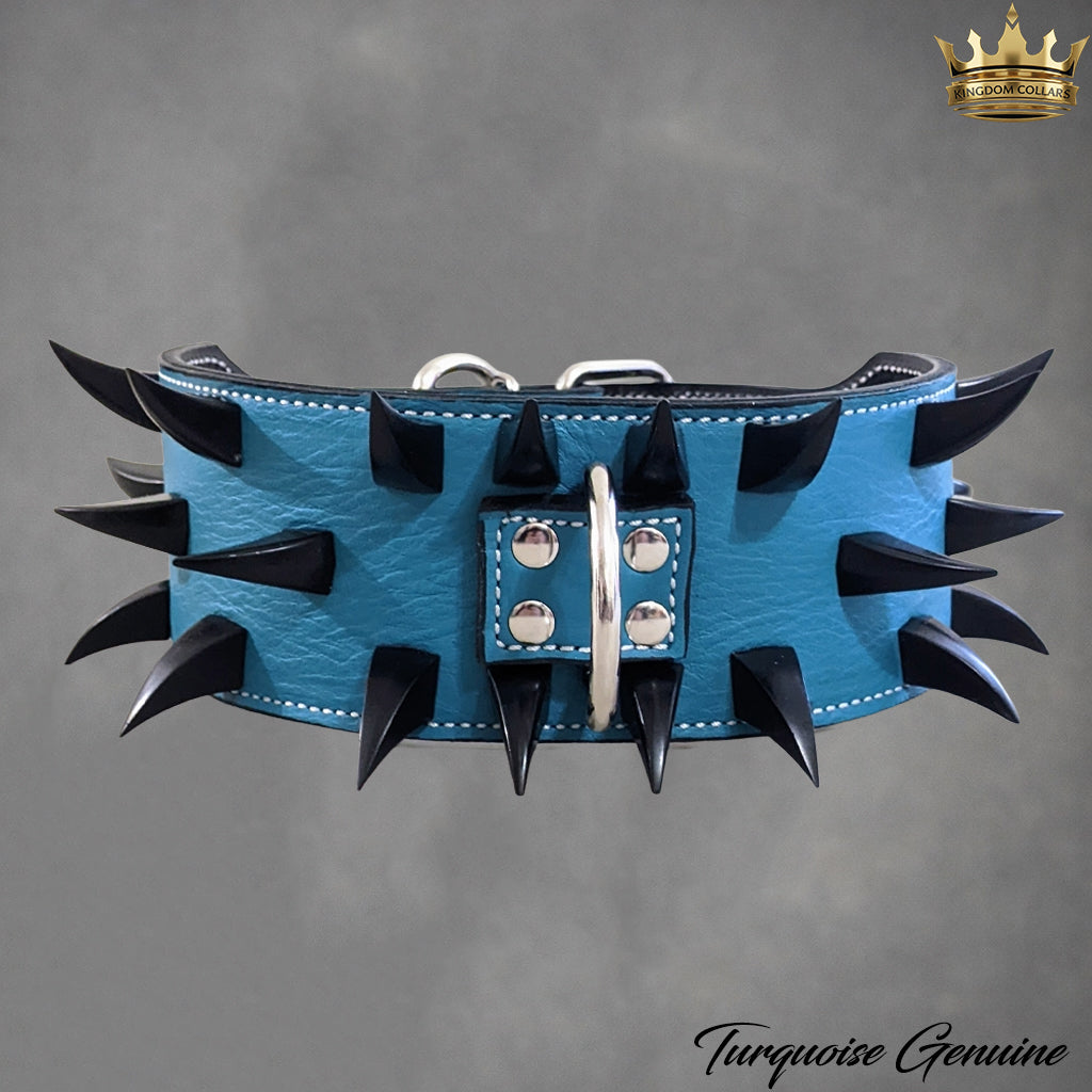 X24 – 2.5"–3" Wide Italian Leather Dog Collar | Dragon Claw Spikes