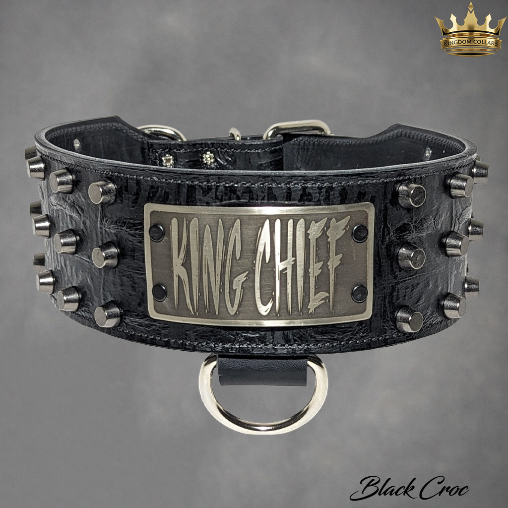 XN1 - Collar de cuero para perro de 3" de ancho con placa de identificación personalizada y tachuelas