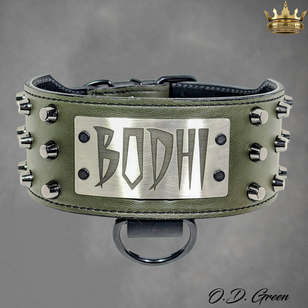 XN1 - Collar de cuero para perro de 3" de ancho con placa de identificación personalizada y tachuelas