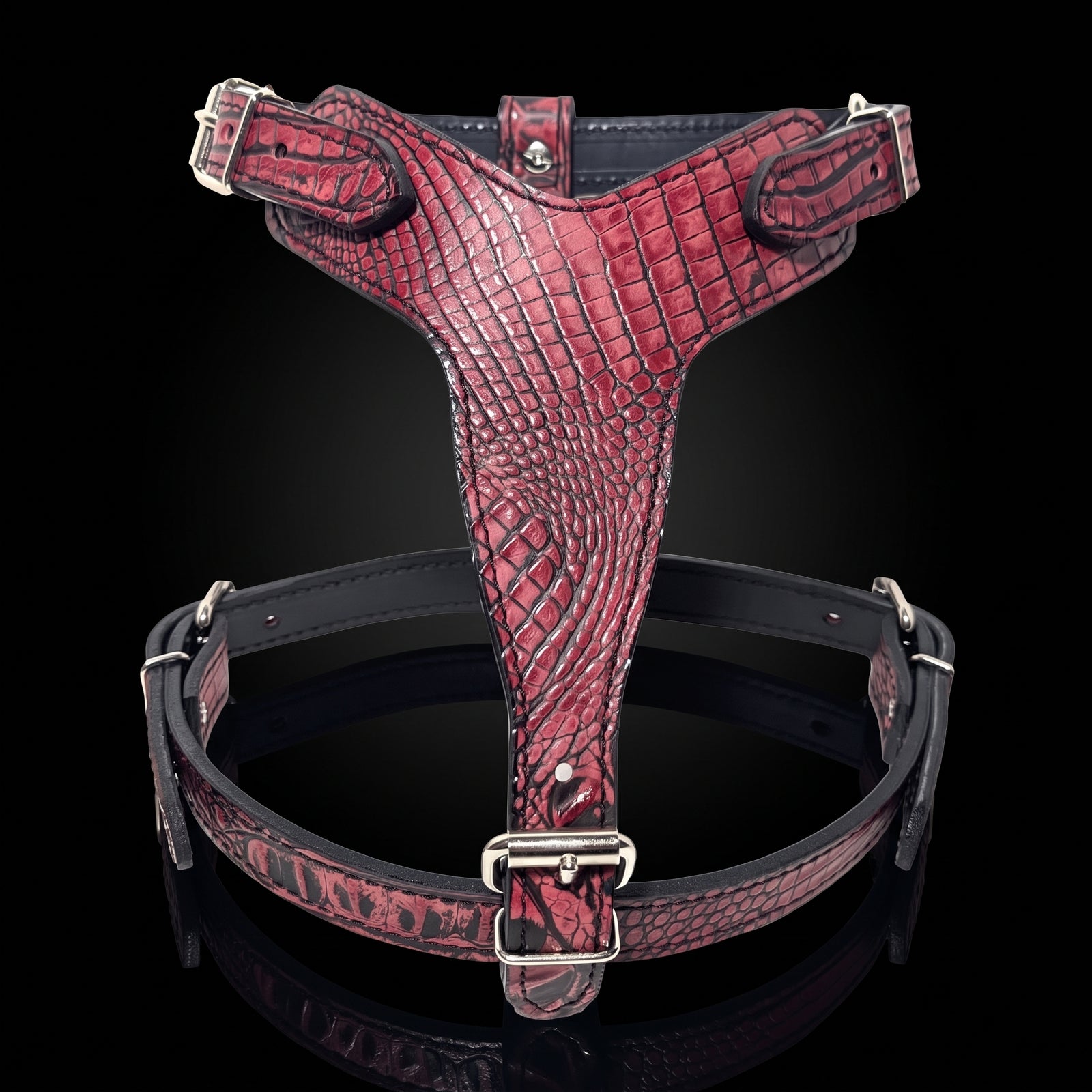 A red crocodile-embossed leather dog harness with silver metal hardware, displayed on a reflective black background.