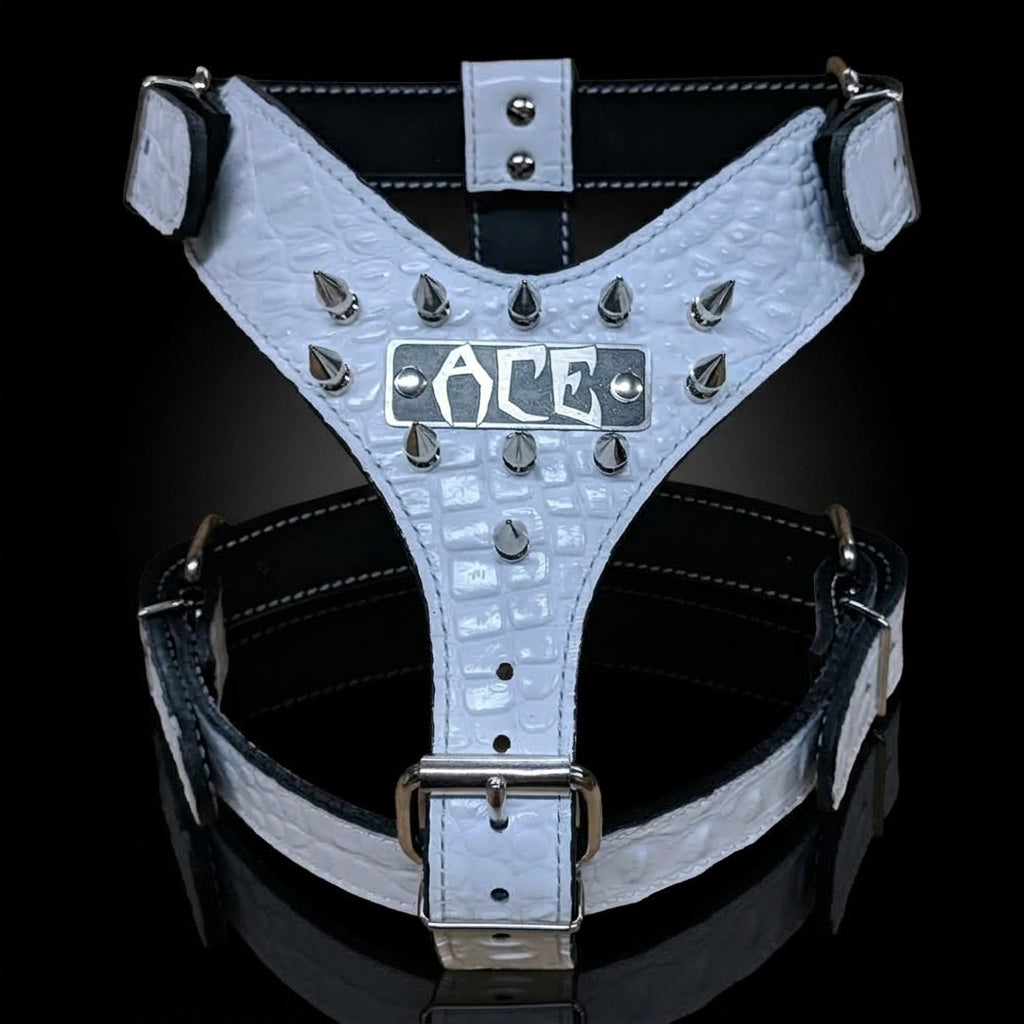 A white crocodile-embossed harness with silver metal studs, spikes, and a central metal plate featuring the word 'ACE' in stylized lettering, shown against a black background.