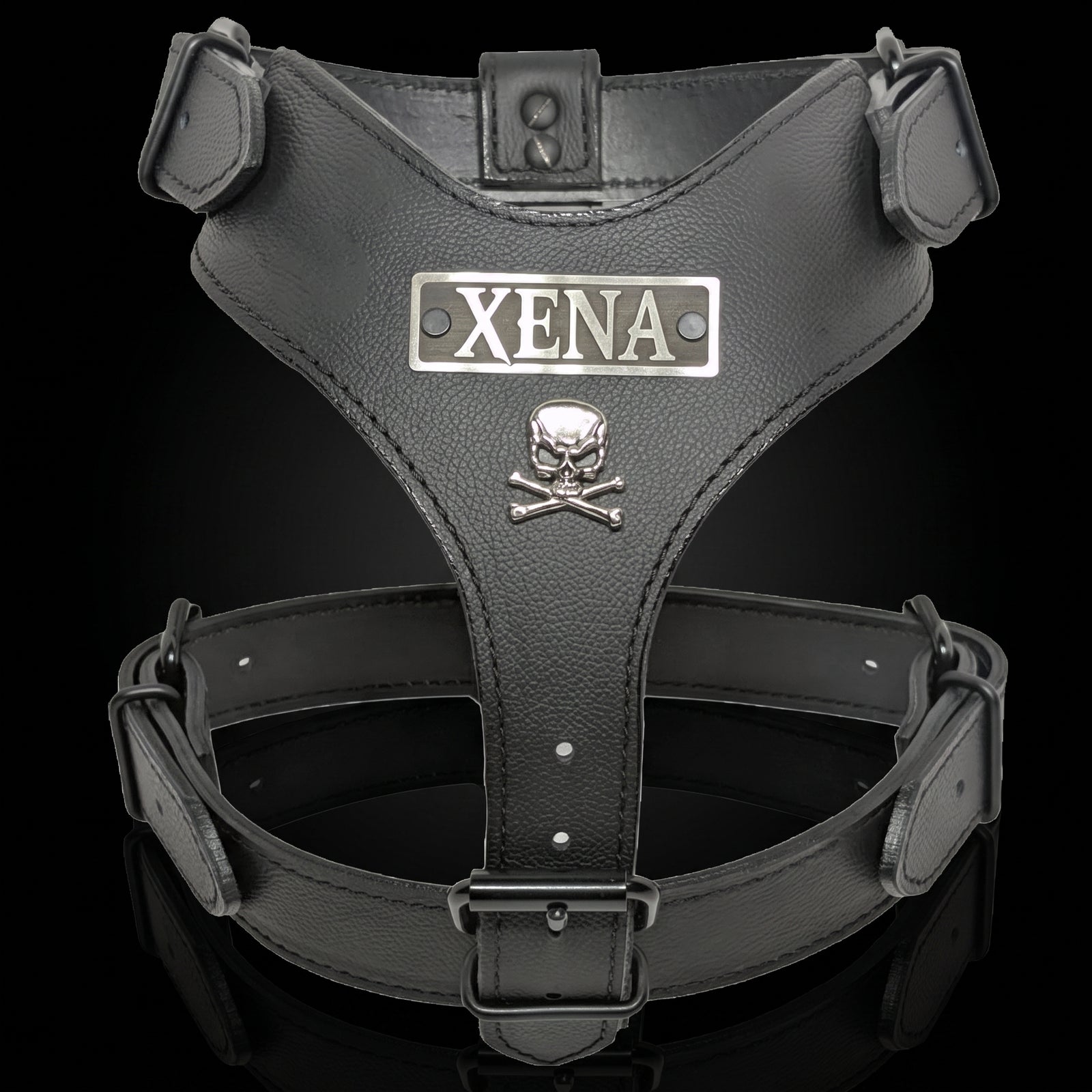 A black textured leather harness with silver metal hardware, featuring a rectangular plate engraved with 'XENA' and a skull and crossbones emblem, set against a black background.