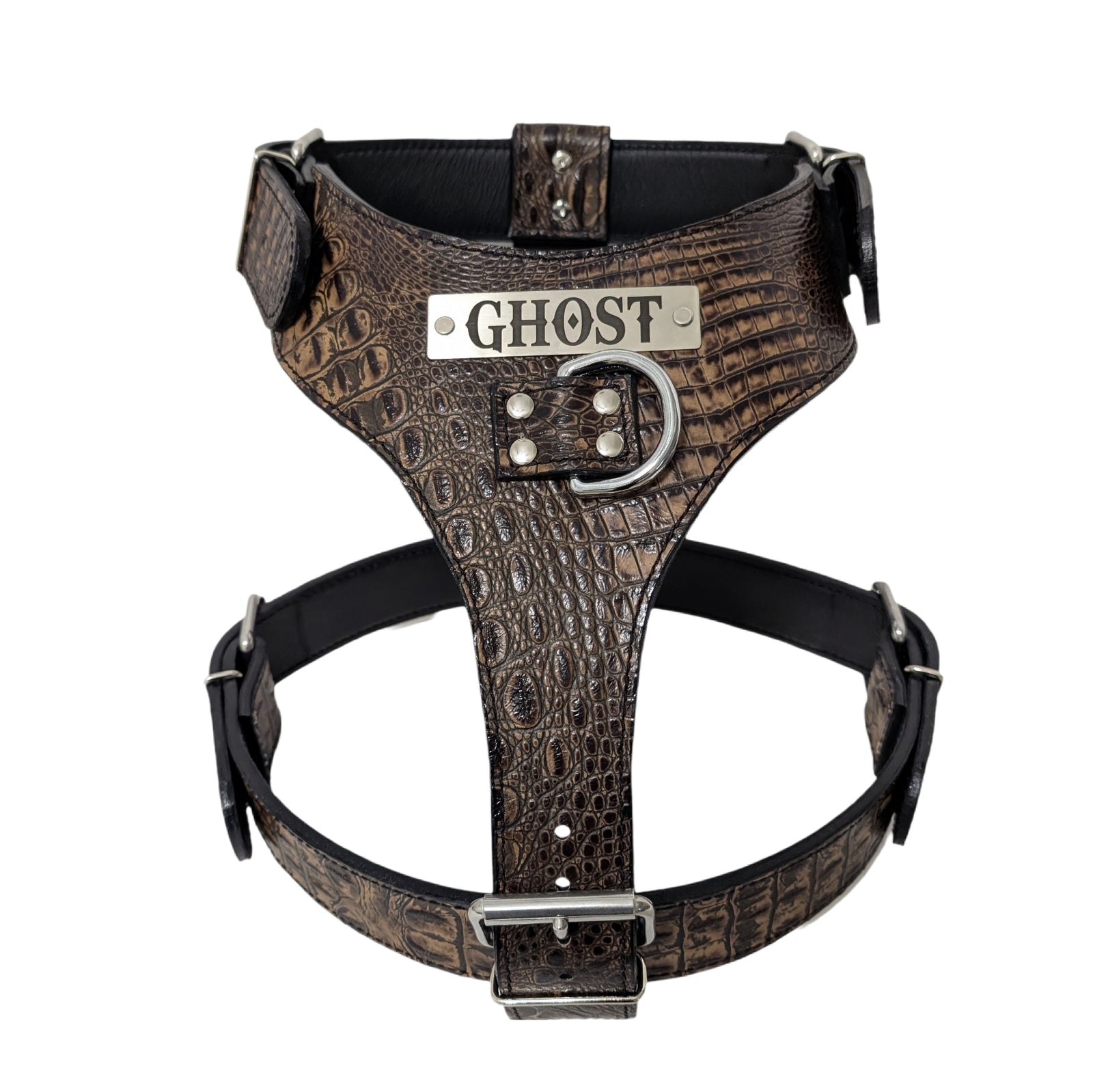 Brown leather dog harness with 'Ghost' branding on a white background