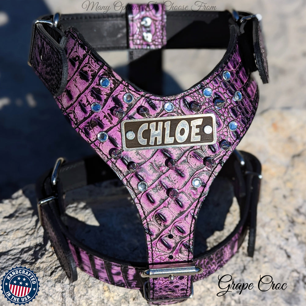 NH6 - Leather Dog Harness Personalized Name Plate Gems & Spikes