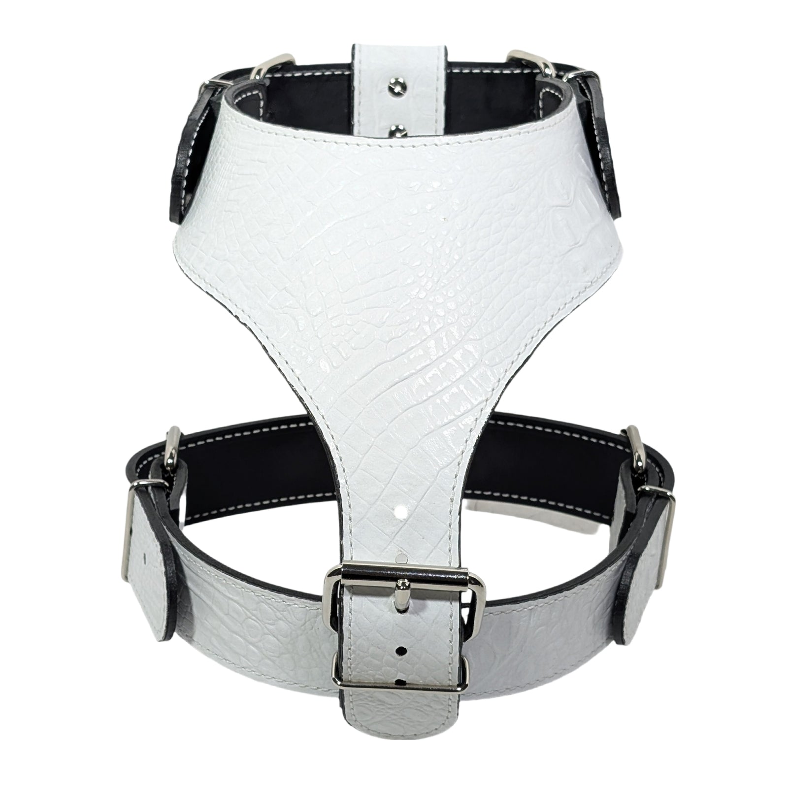White leather harness with black accents on a white background