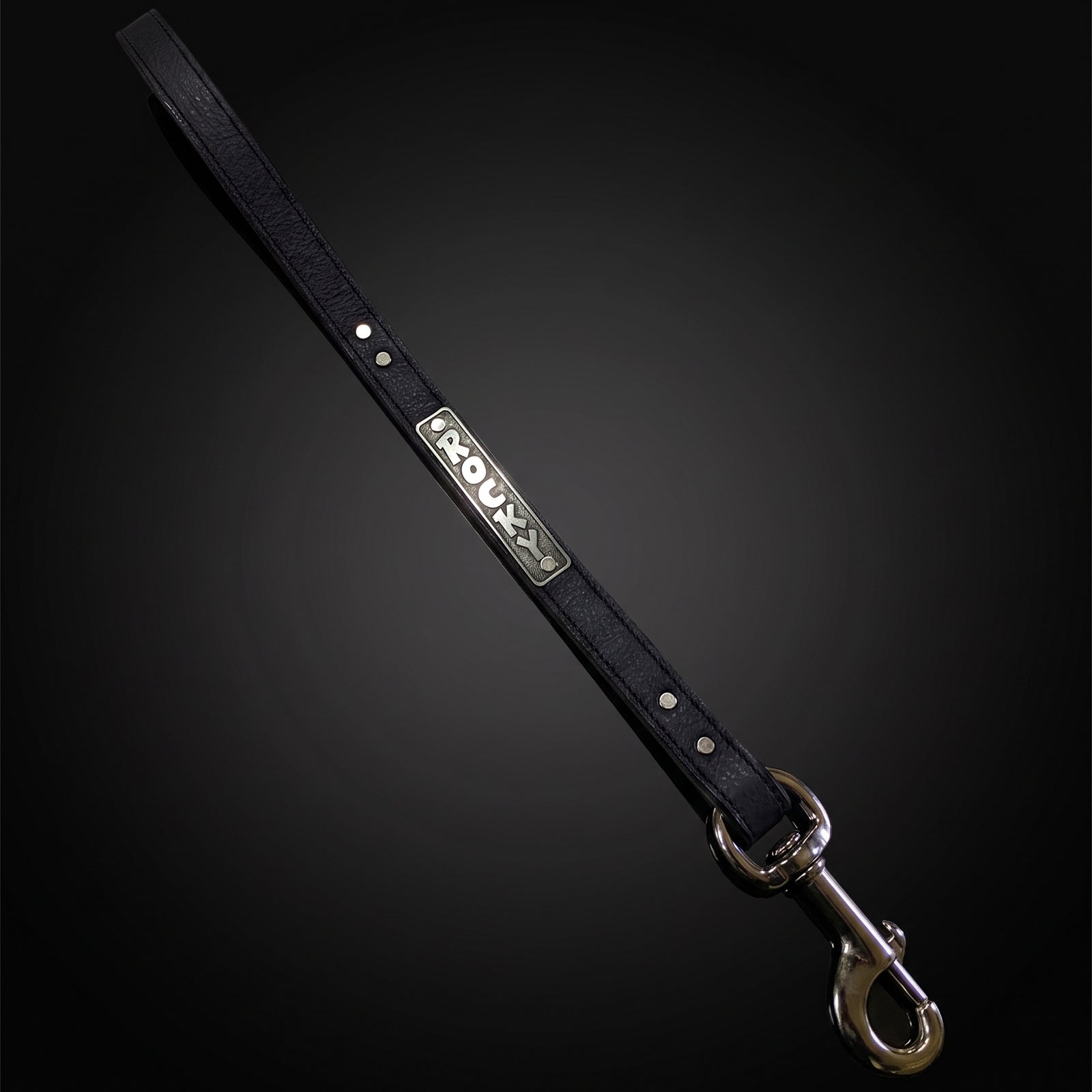 A black leather dog leash with a silver metal clasp and a central silver brand plate reading 'Rocky', shown diagonally on a dark gradient background.
