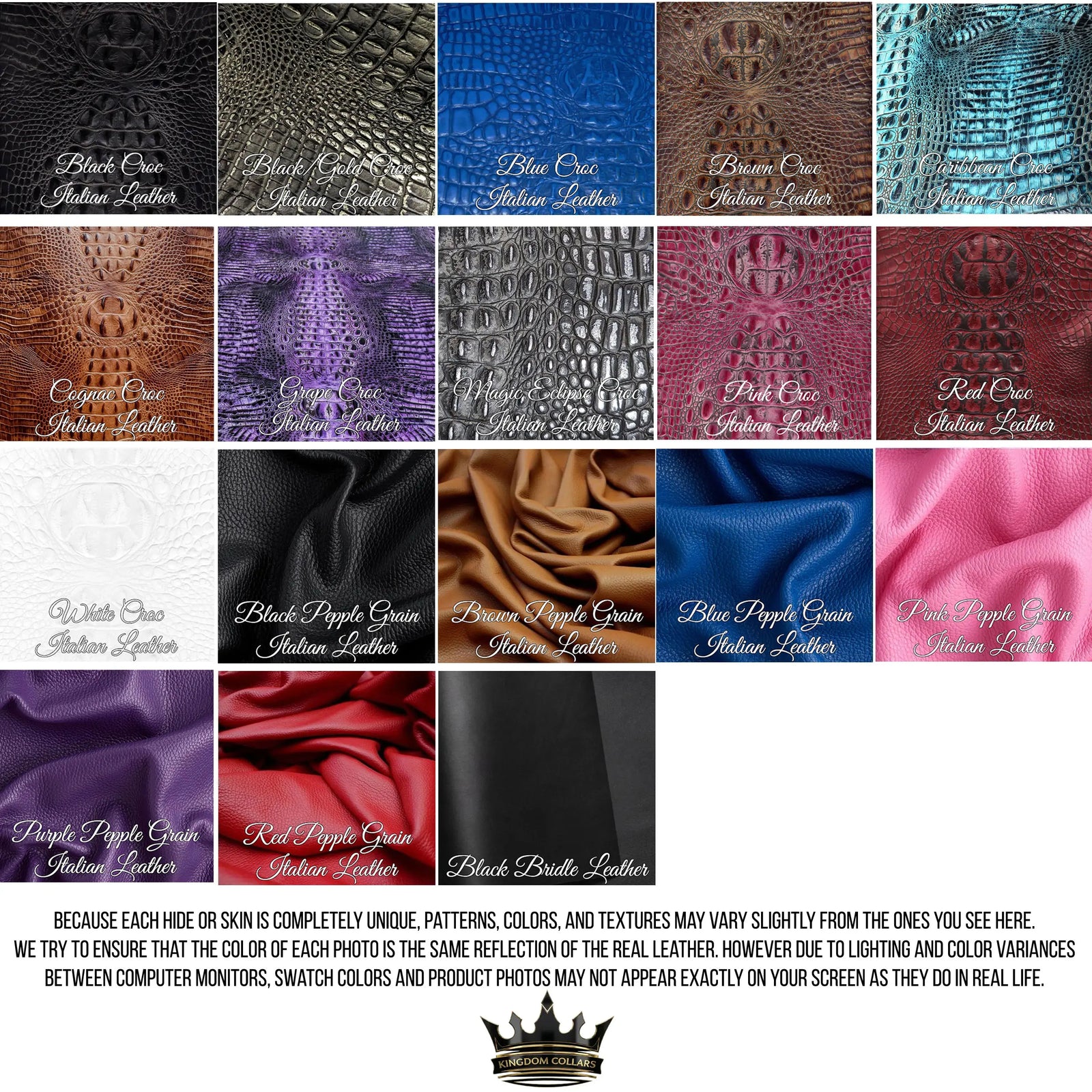 A color and material swatch chart showing multiple Italian leather fabric options arranged in a grid, with labels such as Black Chrome, Blue Chrome, Bronze Chrome, Silver Chrome, Green Chrome, Red Chrome, Gold Chrome, White Chrome, Black Velvet, Blue Velvet, Brown Velvet, Gray Velvet, Navy Chrome, Blue Chrome, Royal Blue Chrome, Teal Chrome, Black Velvet, and Satin Chrome.