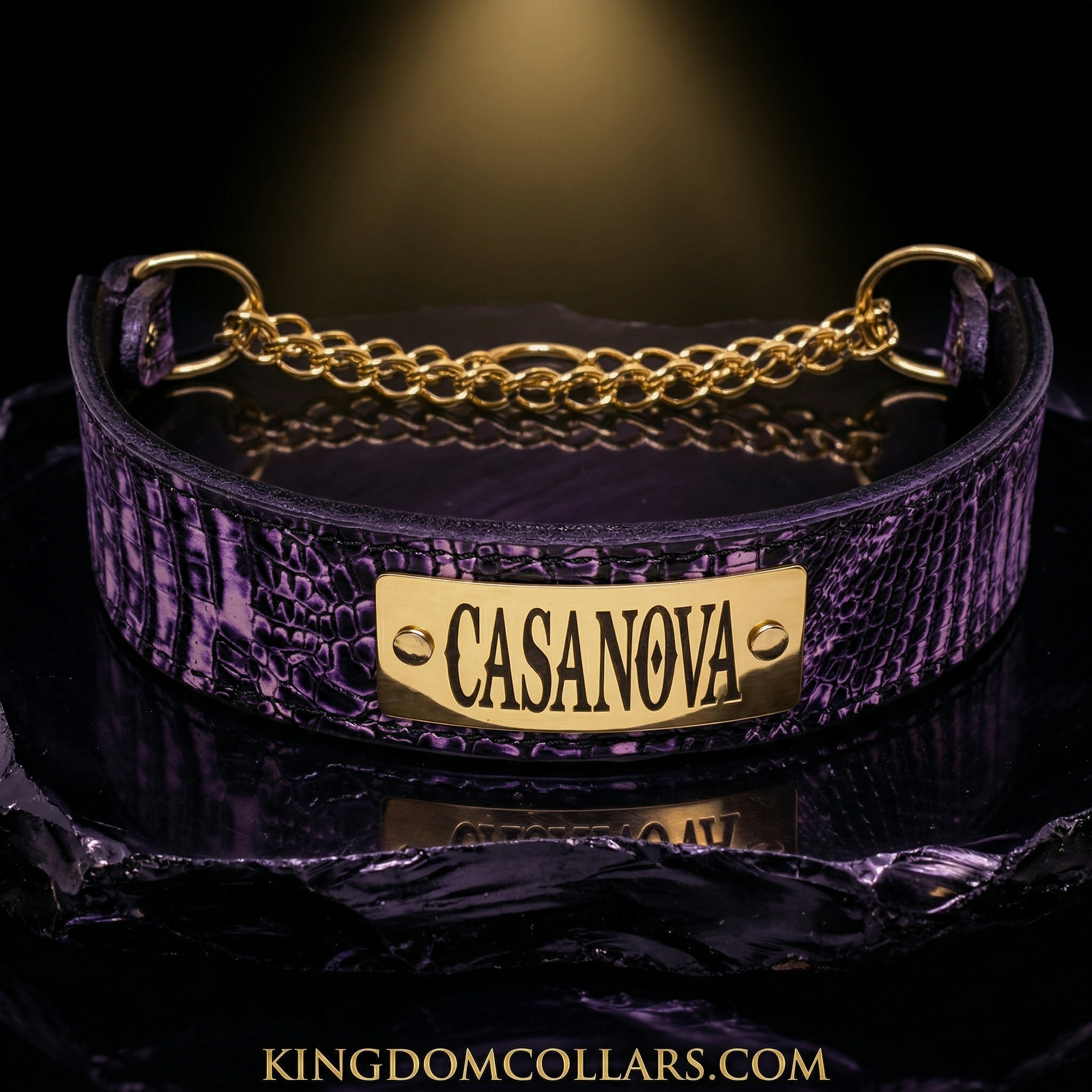 LM7G – 2" Wide Personalized Italian Leather Martingale Collar | Polished Brass Chain