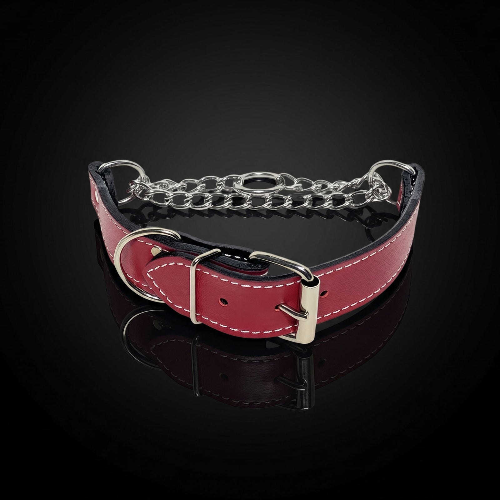 A red leather collar with silver-tone metal hardware, including a chain link section, a buckle, and D-rings, displayed on a reflective black surface.