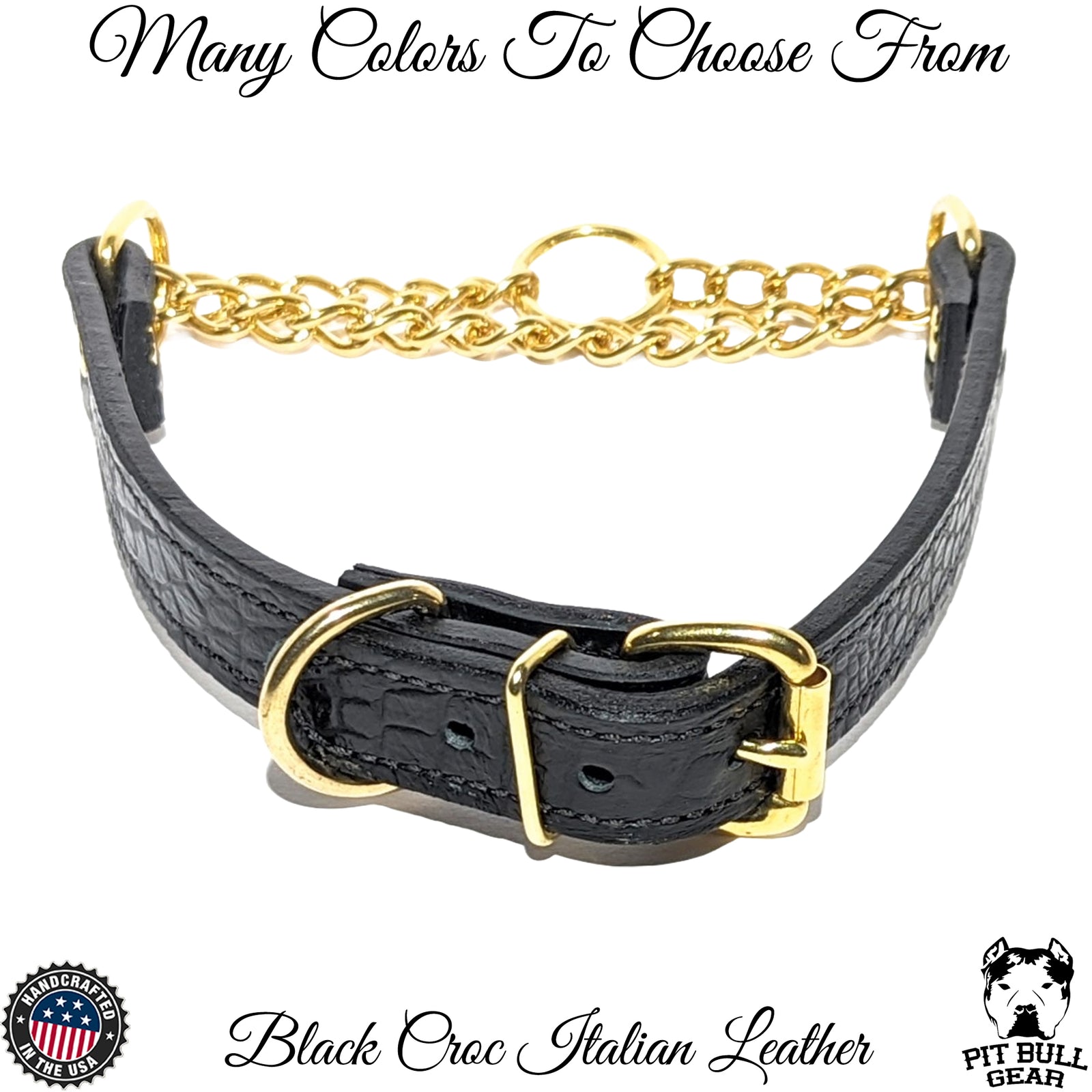 LMG1 - Collar Martingala de Cuero con Hebilla y Cadena Dorada de 1.5" de Ancho