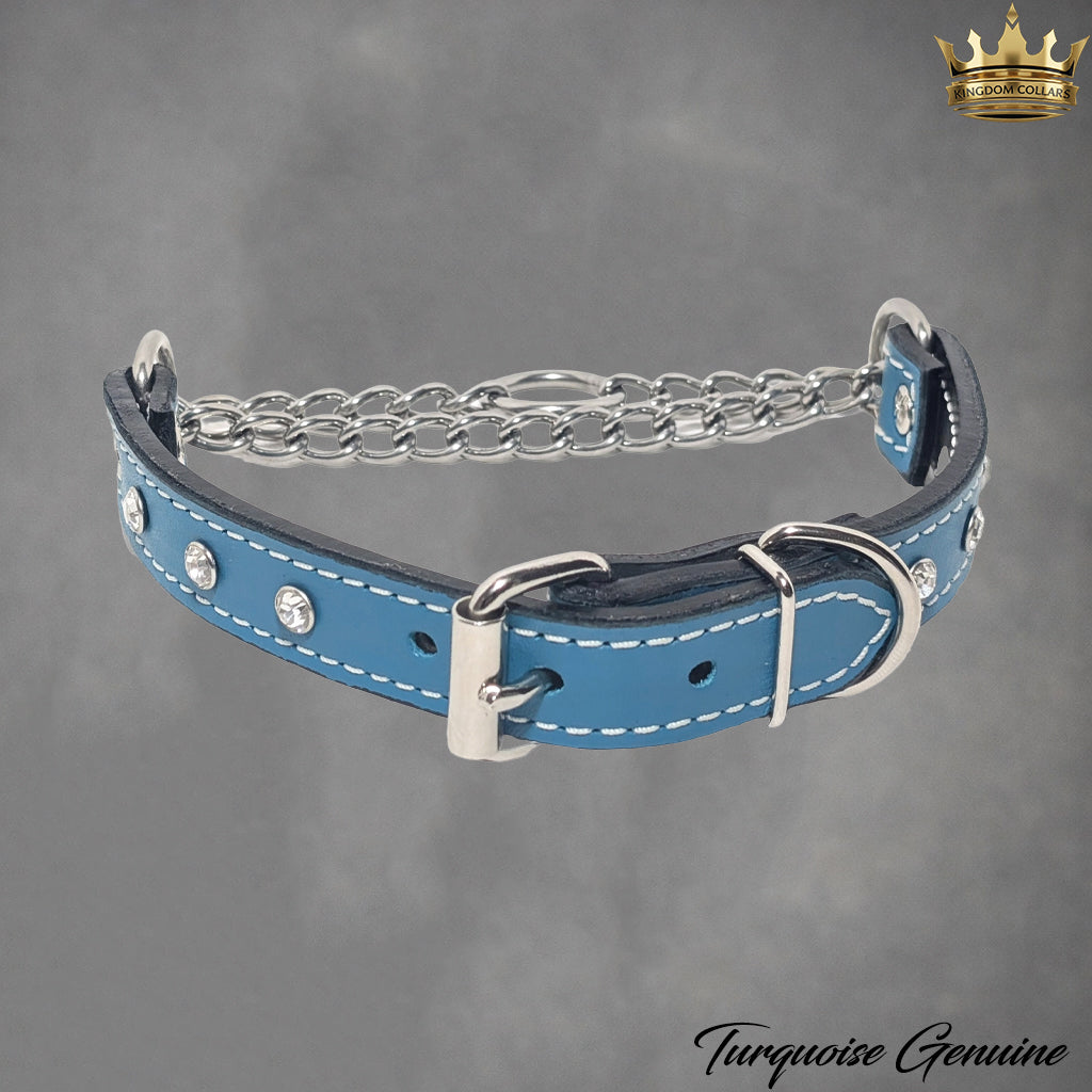 1" Wide Gem Crystal Leather Martingale Collar with Buckle | Handcrafted