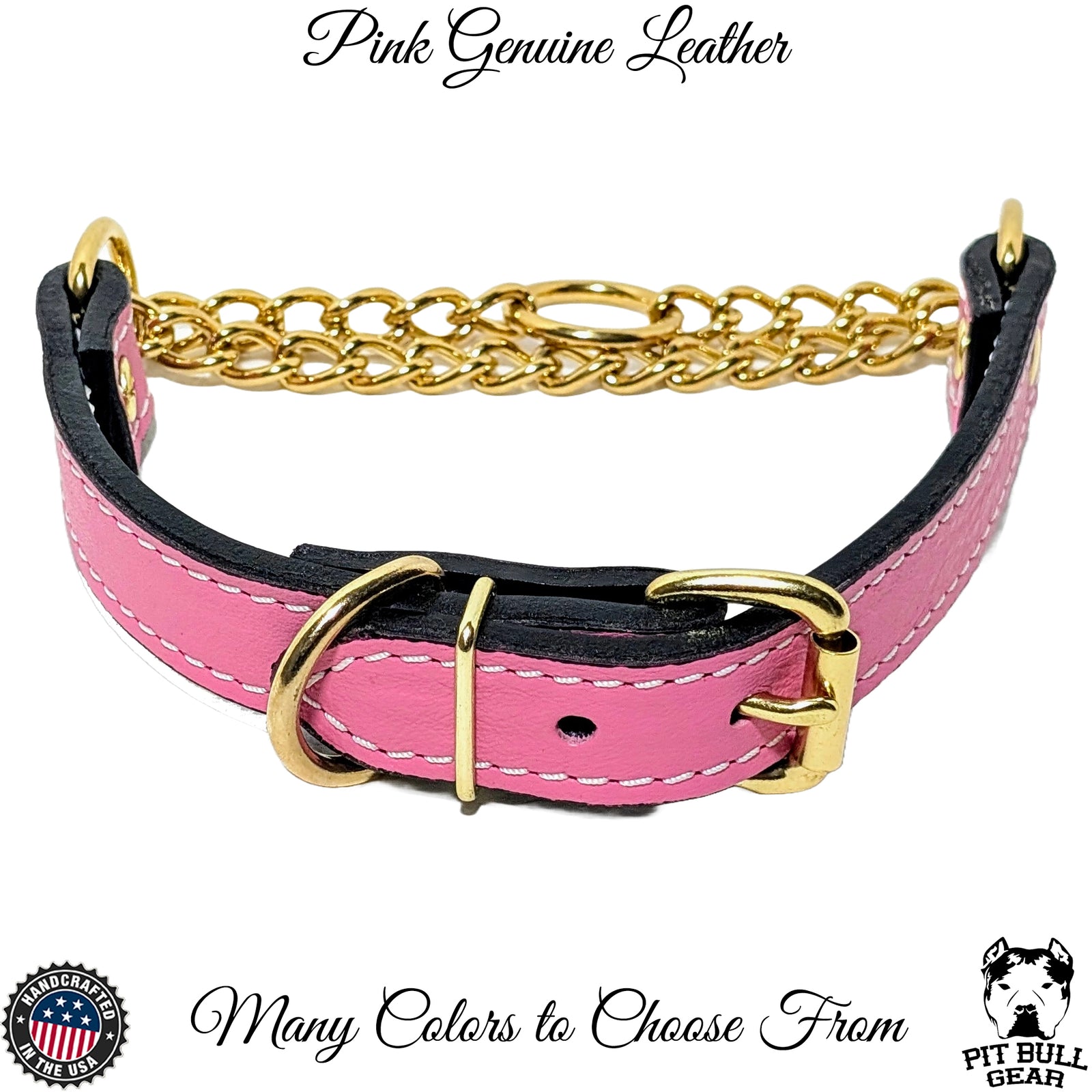 LMG1 - Collar Martingala de Cuero con Hebilla y Cadena Dorada de 1.5" de Ancho