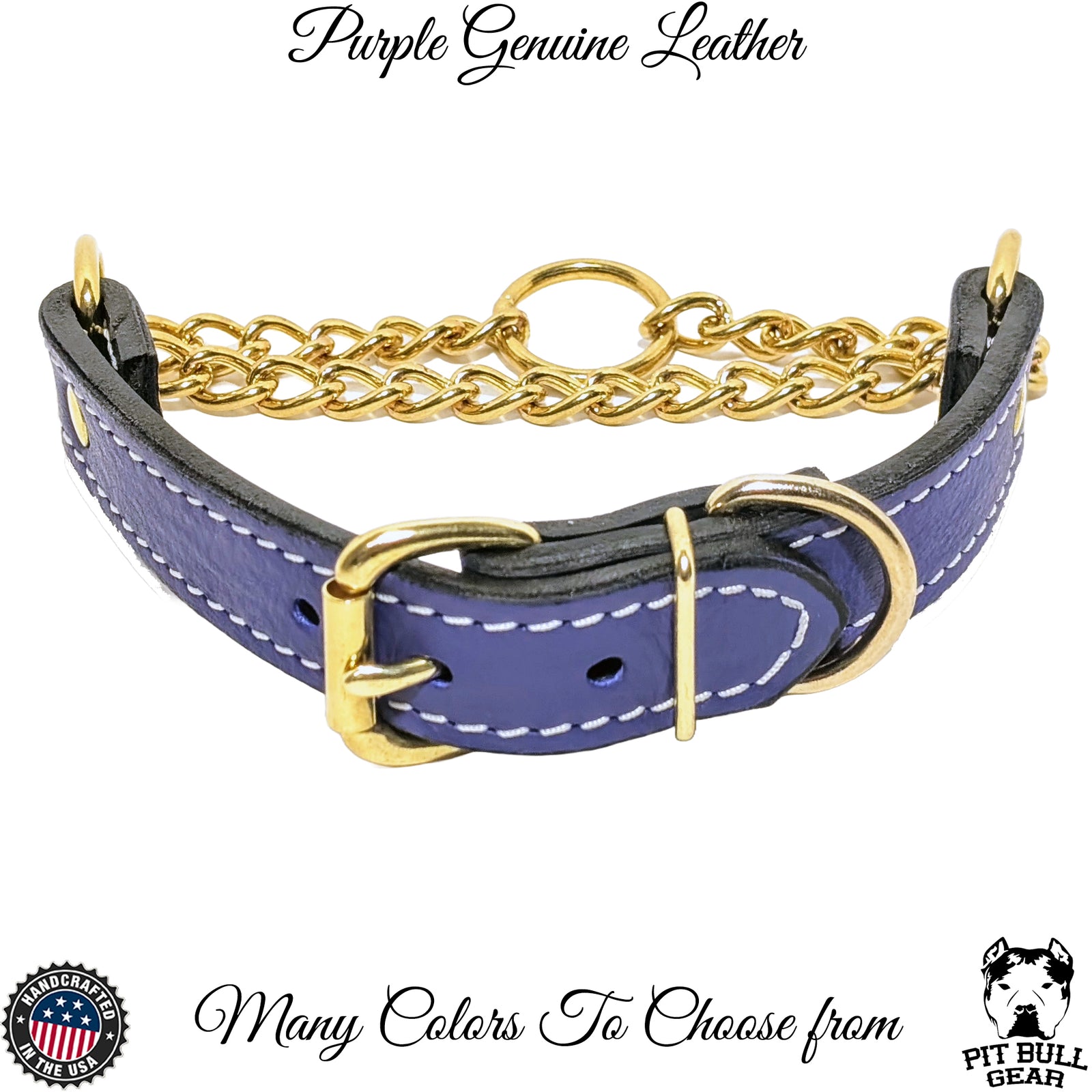 LMG1 - Collar Martingala de Cuero con Hebilla y Cadena Dorada de 1.5" de Ancho