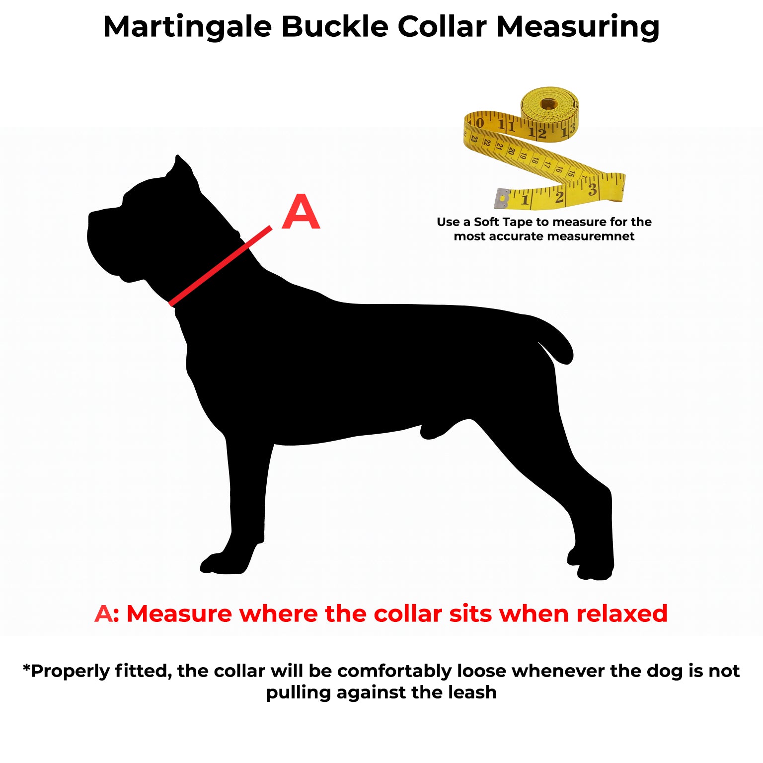 Diagram showing how to measure a dog's neck for a martingale collar with a silhouette of a dog and measurement tools.